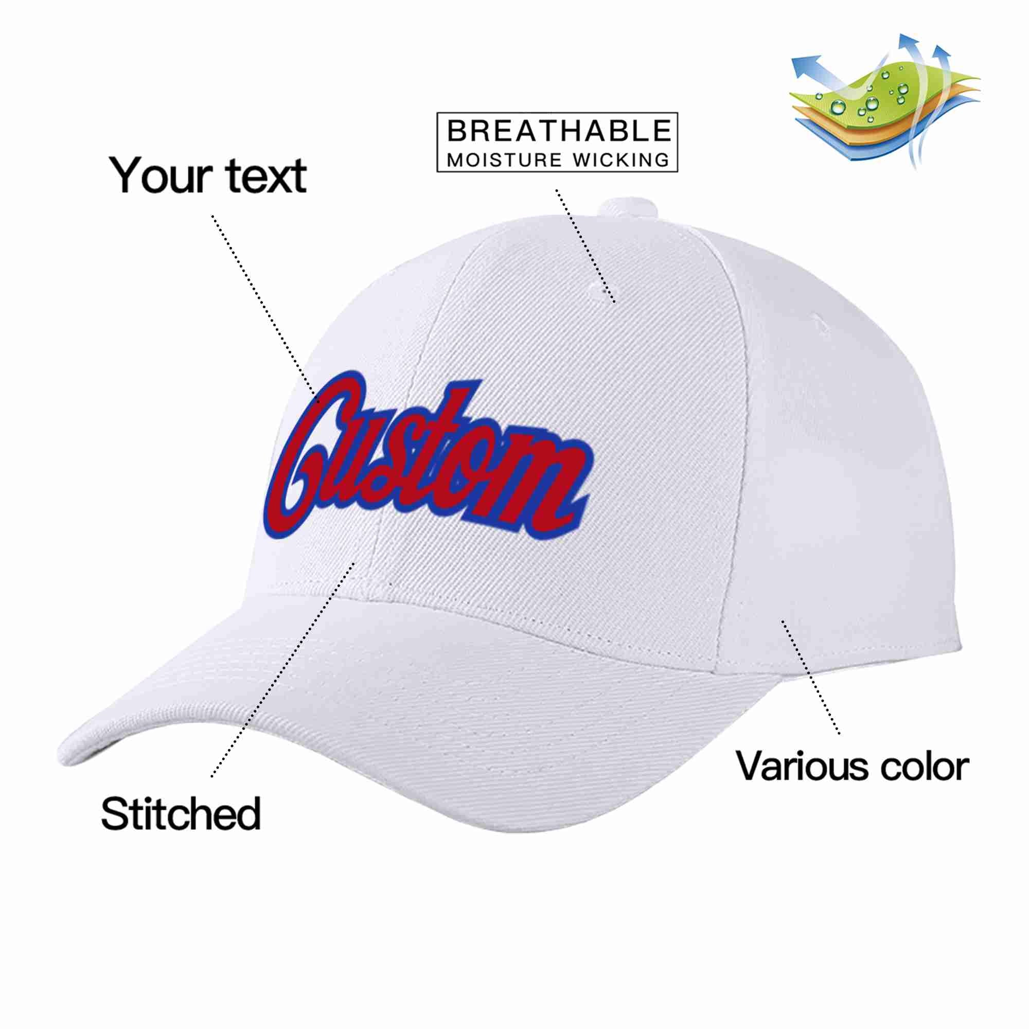 Custom White Red-Royal Curved Eaves Sport Baseball Cap Design for Men/Women/Youth