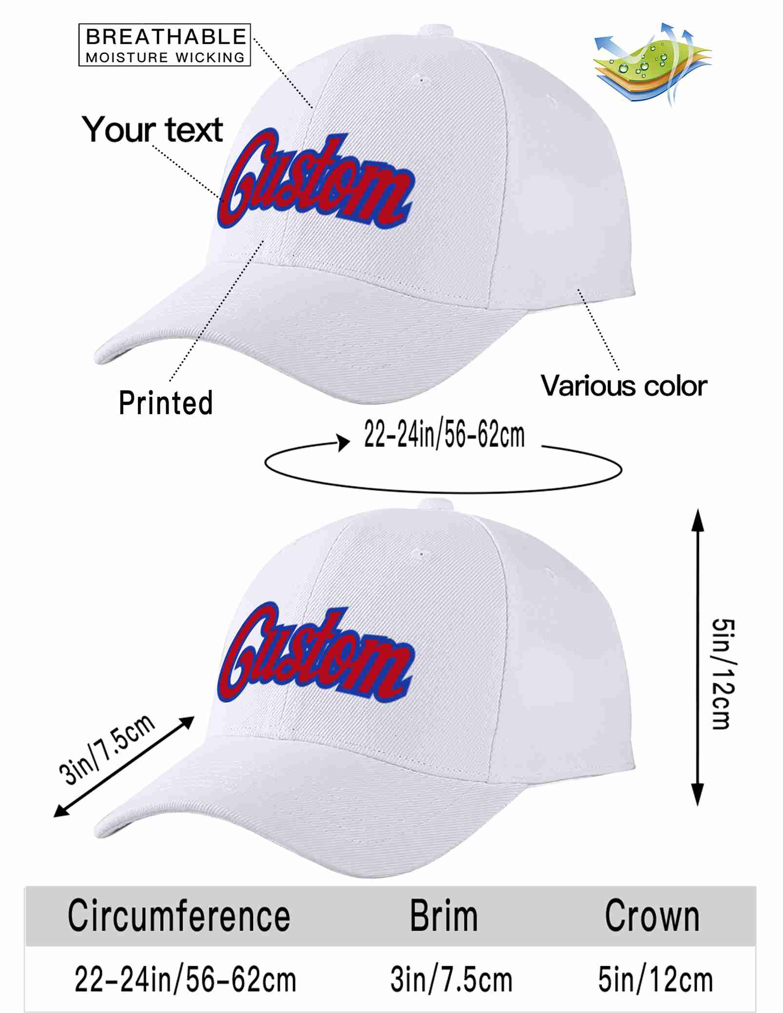 Custom White Red-Royal Curved Eaves Sport Baseball Cap Design for Men/Women/Youth