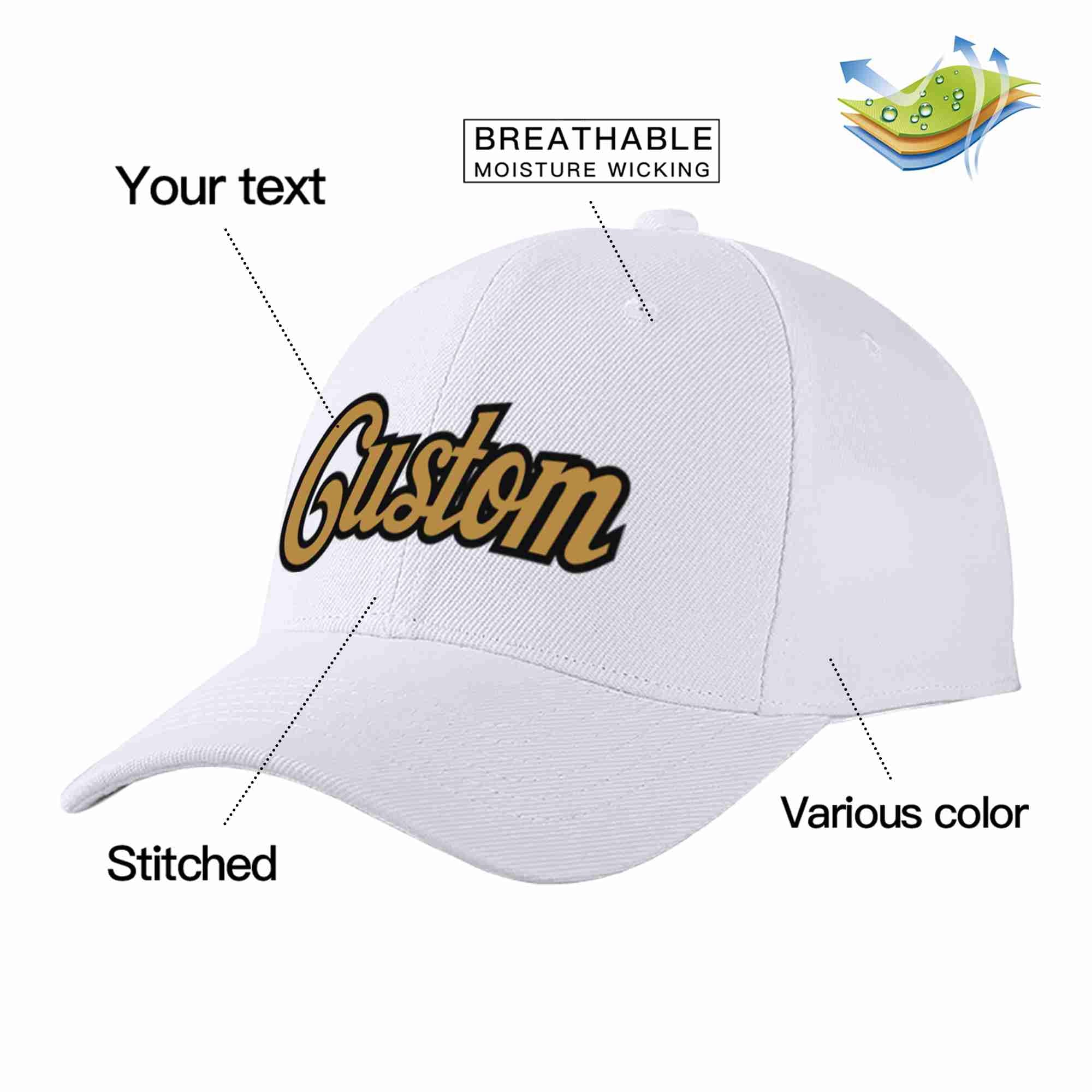 Custom White Old Gold-Black Curved Eaves Sport Baseball Cap Design for Men/Women/Youth