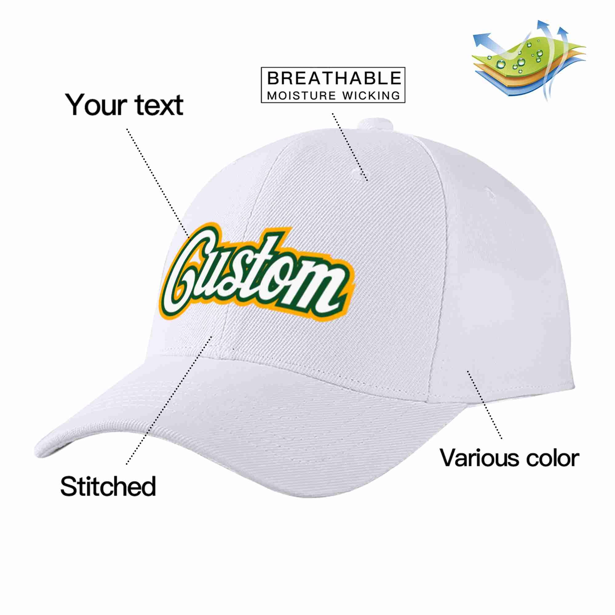 Conception personnalisée de casquette de baseball de sport incurvée blanc-vert Kelly pour hommes/femmes/jeunes