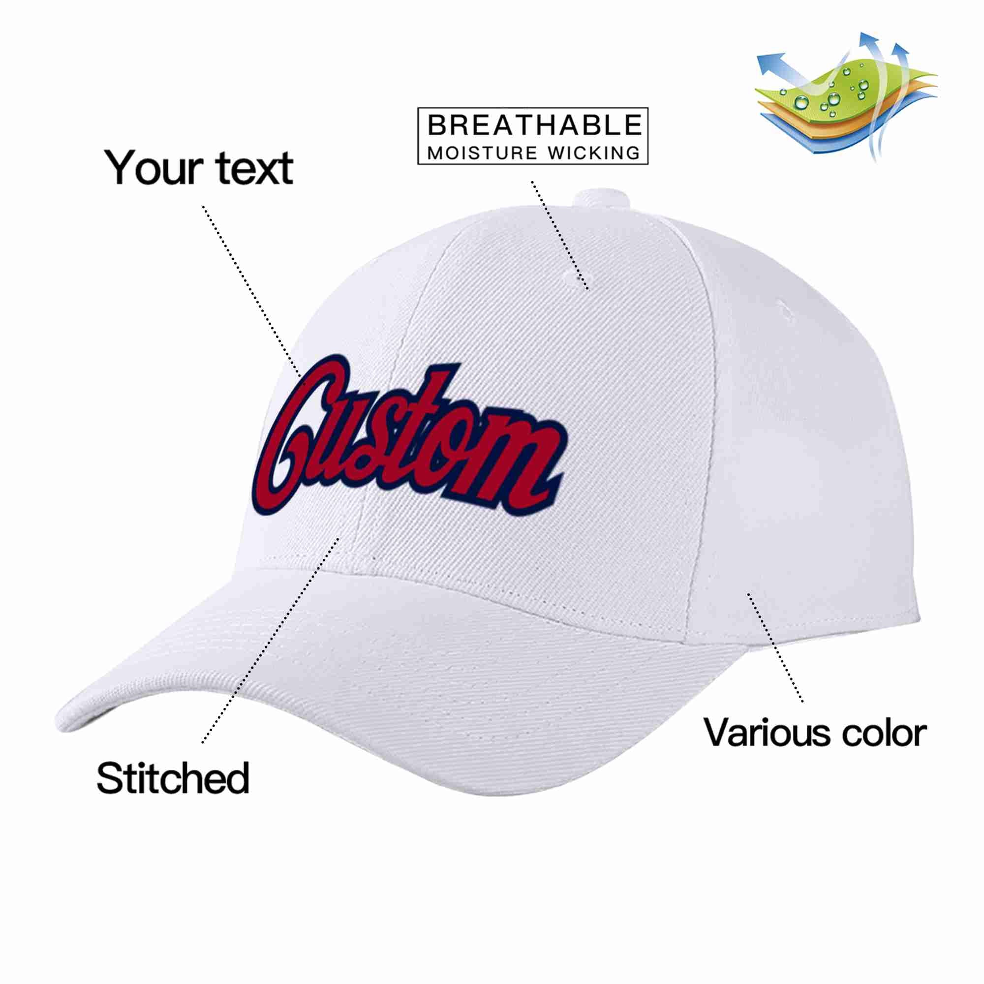 Conception personnalisée de casquette de baseball de sport incurvée blanc rouge-marine pour hommes/femmes/jeunes