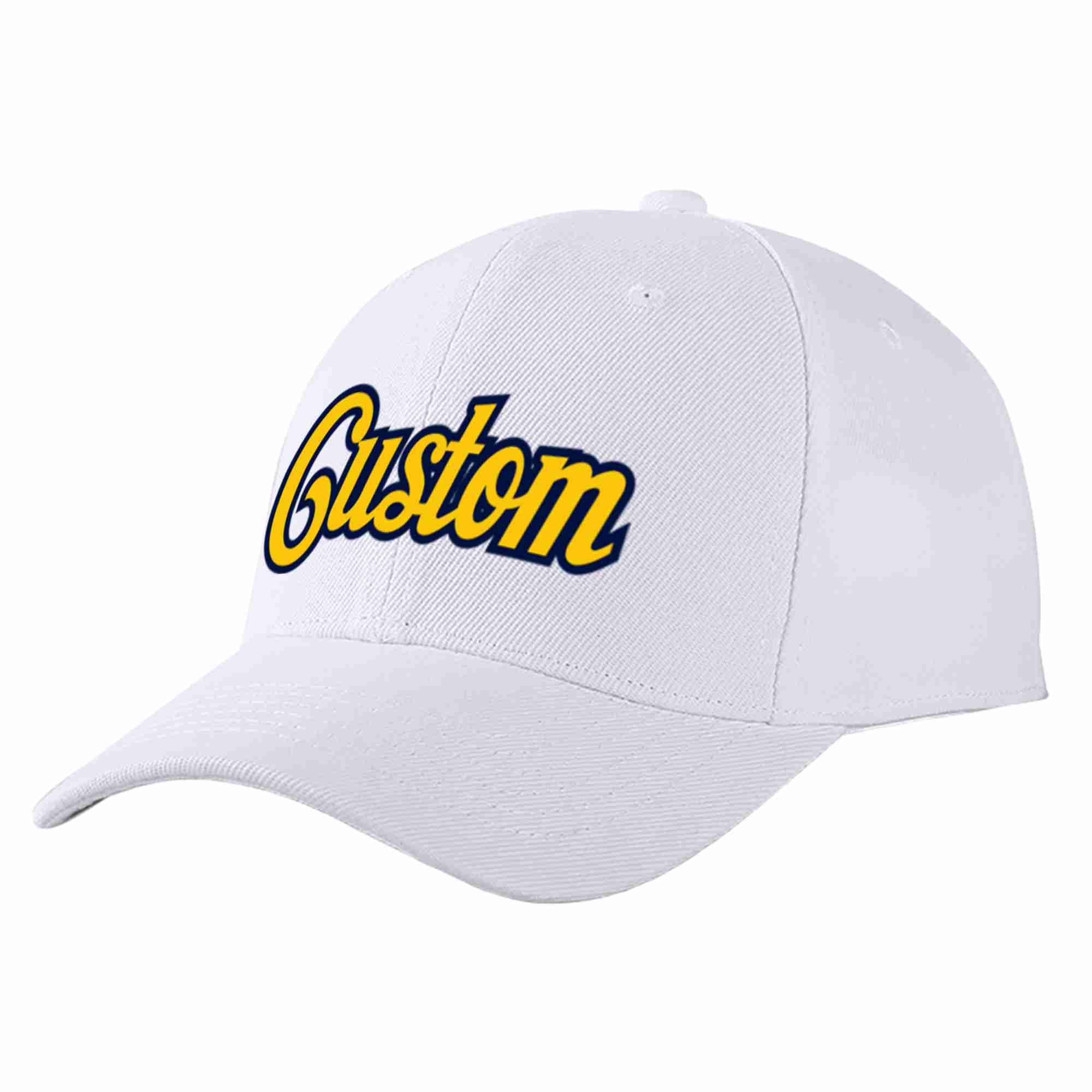 Conception personnalisée de casquette de baseball de sport incurvée blanc jaune-marine pour hommes/femmes/jeunes