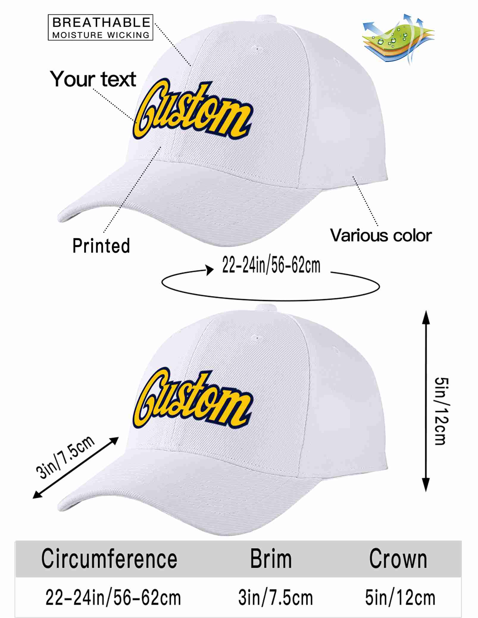 Conception personnalisée de casquette de baseball de sport incurvée blanc jaune-marine pour hommes/femmes/jeunes