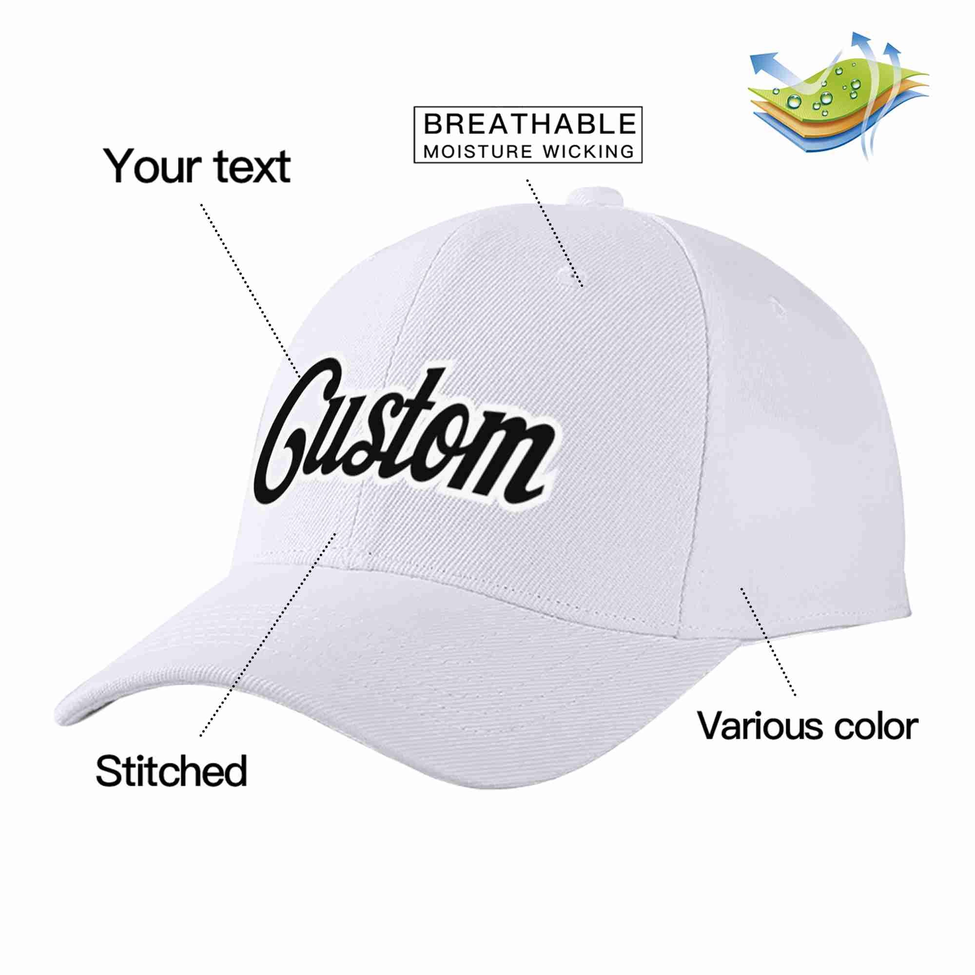 Custom White Black-White Curved Eaves Sport Baseball Cap Design for Men/Women/Youth