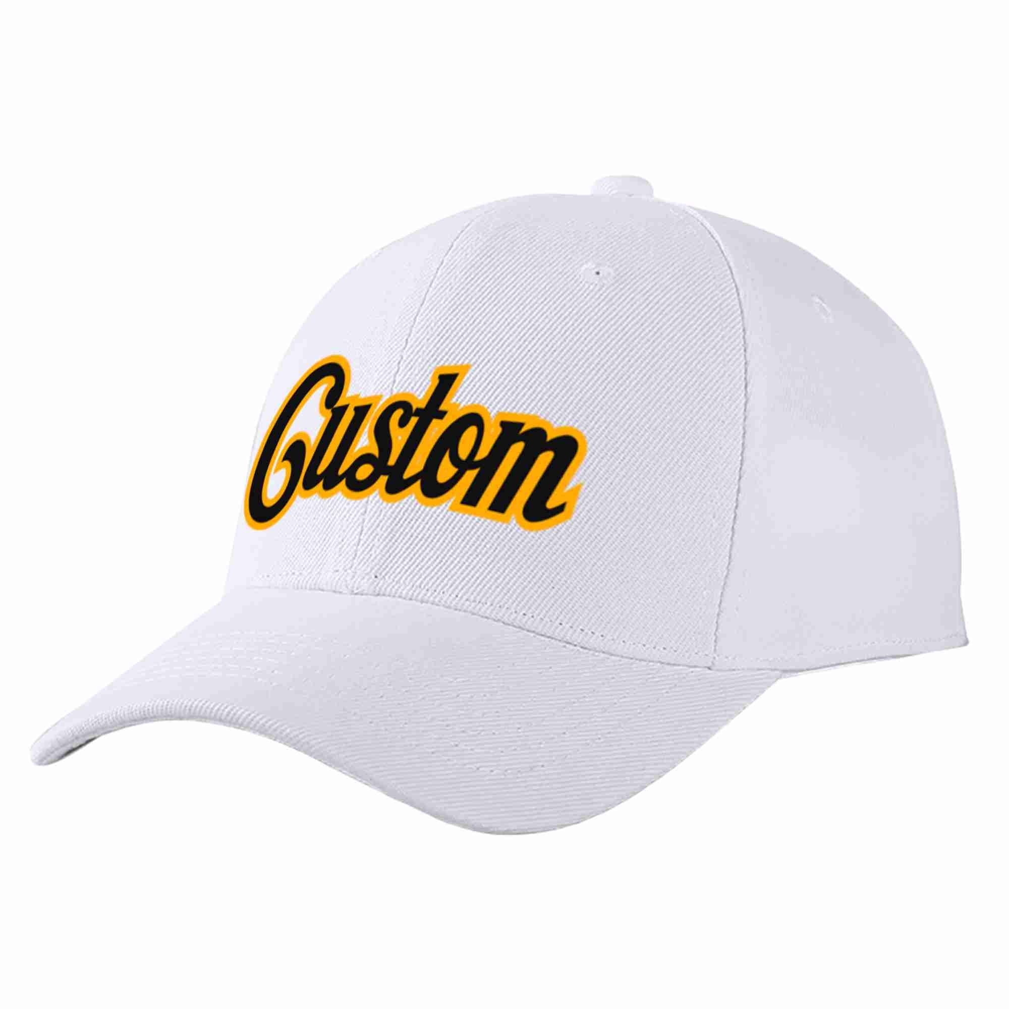 Conception personnalisée de casquette de baseball de sport incurvée blanc noir-jaune pour hommes/femmes/jeunes