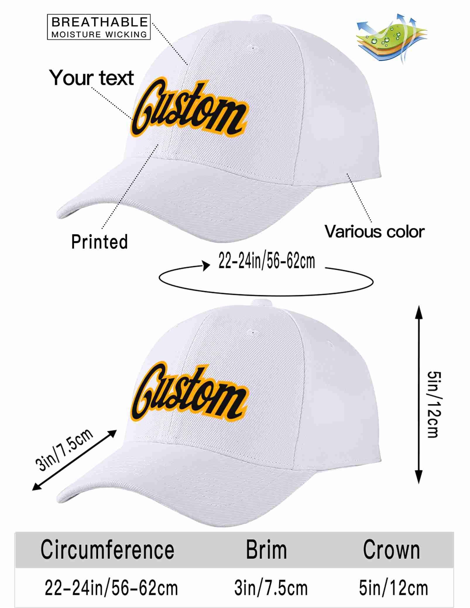 Conception personnalisée de casquette de baseball de sport incurvée blanc noir-jaune pour hommes/femmes/jeunes