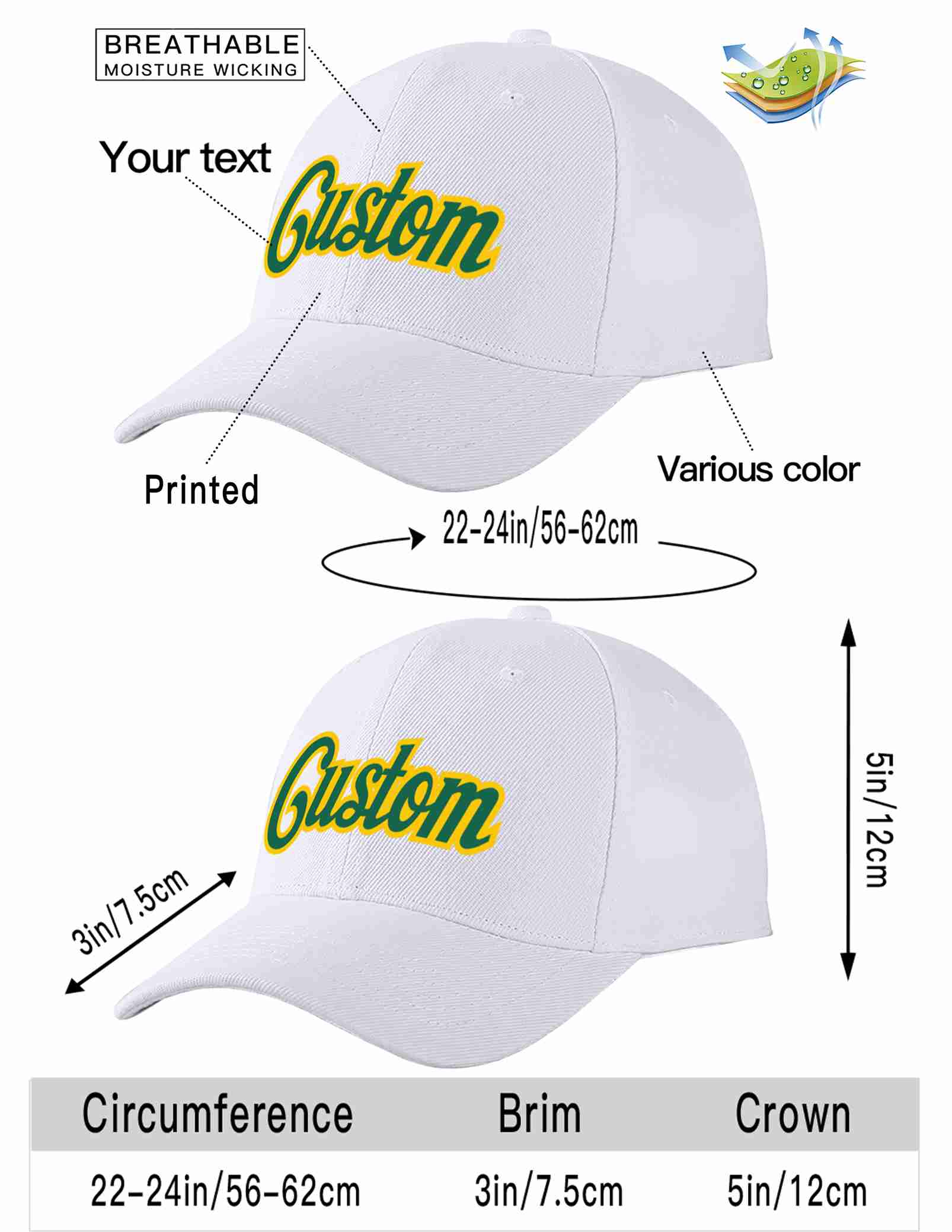 Casquette de baseball de sport incurvée blanche Kelly vert-jaune personnalisée pour hommes/femmes/jeunes