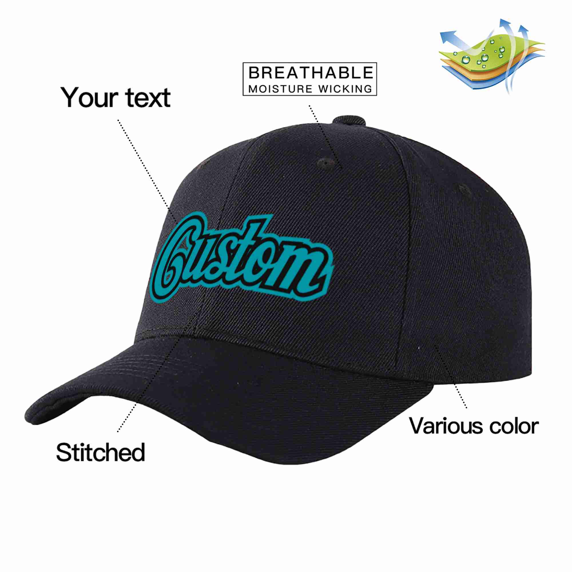 Custom Black Aqua-Black Curved Eaves Sport Baseball Cap Design for Men/Women/Youth