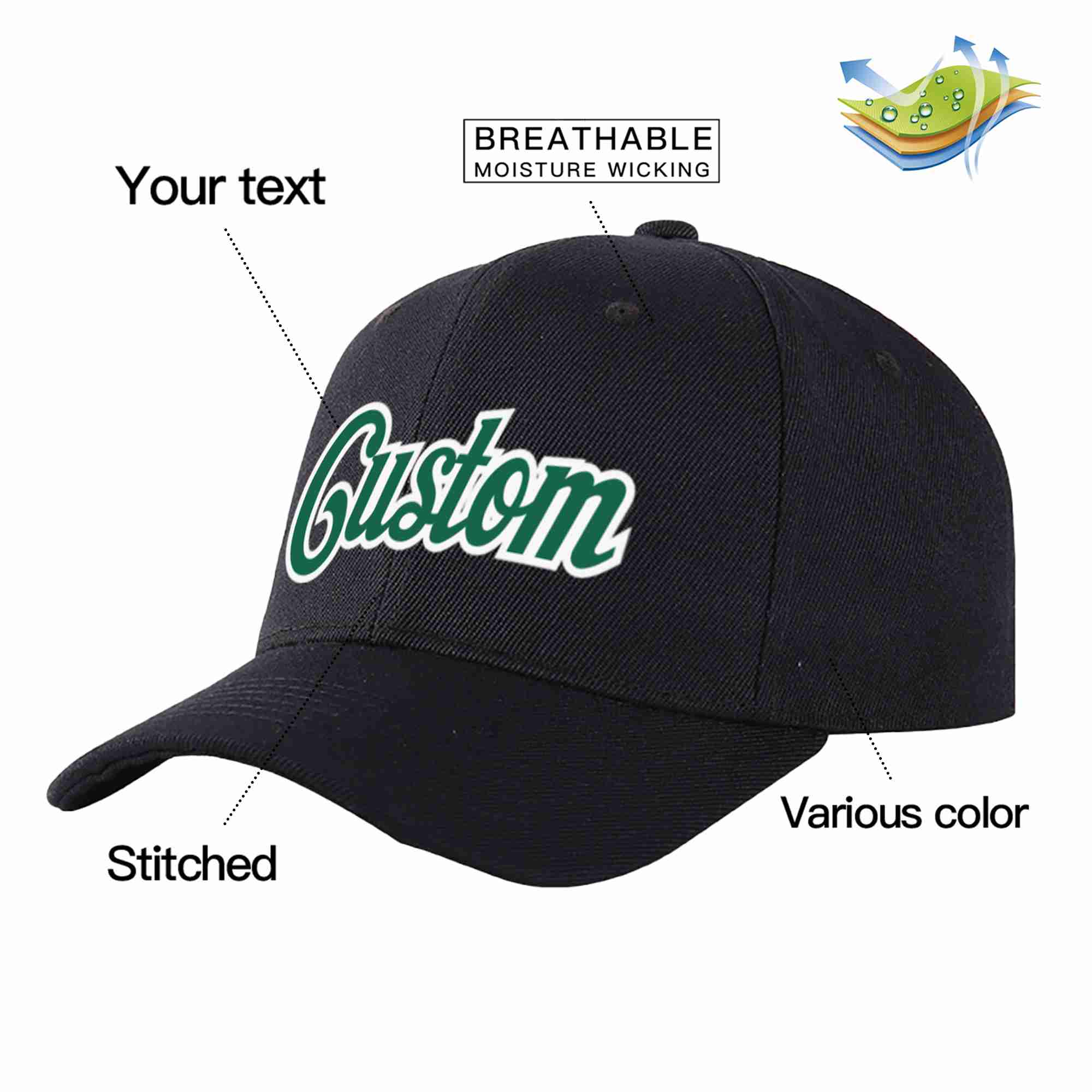 Custom Black Kelly Green-White Curved Eaves Sport Baseball Cap Design for Men/Women/Youth