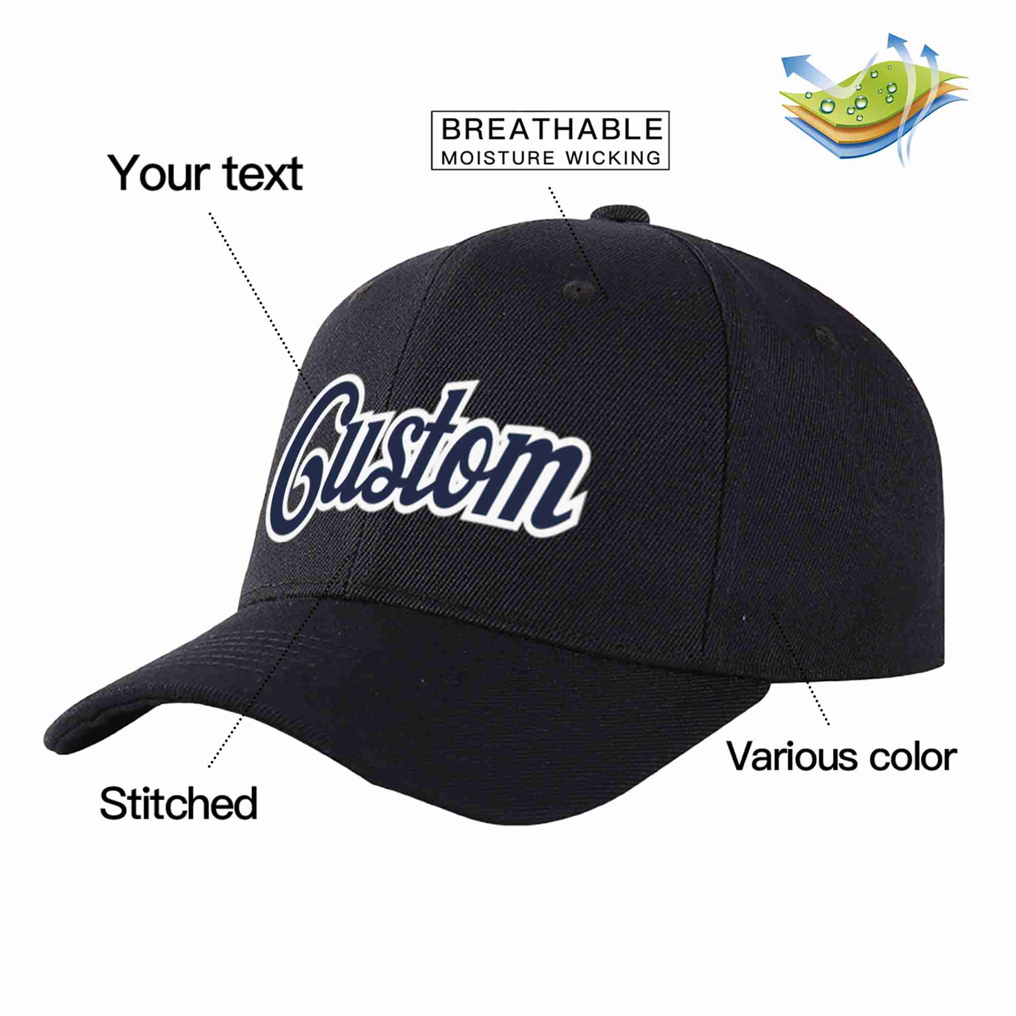 Custom Black Navy-White Curved Eaves Sport Baseball Cap Design for Men/Women/Youth