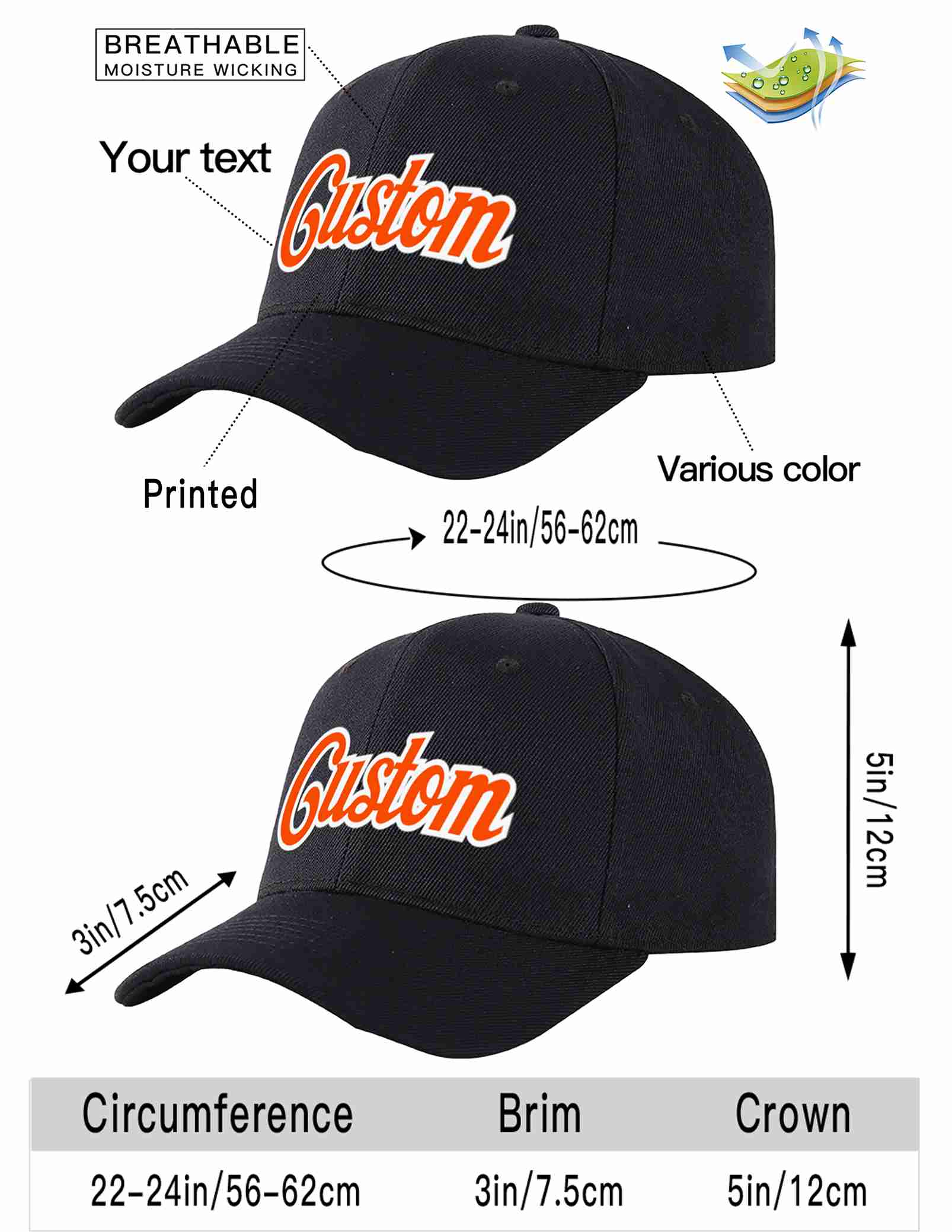 Custom Black Orange-White Curved Eaves Sport Baseball Cap Design for Men/Women/Youth