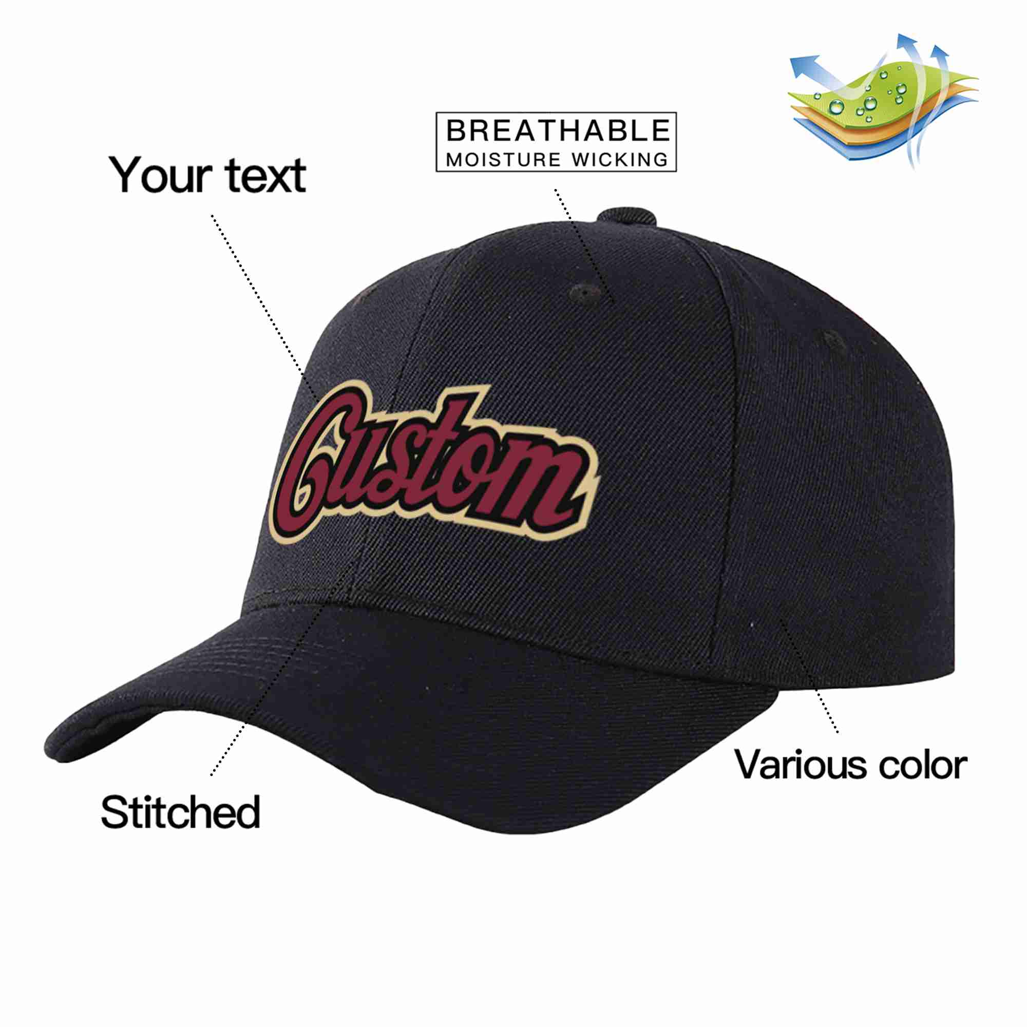 Custom Black Crimson-Black Curved Eaves Sport Baseball Cap Design for Men/Women/Youth