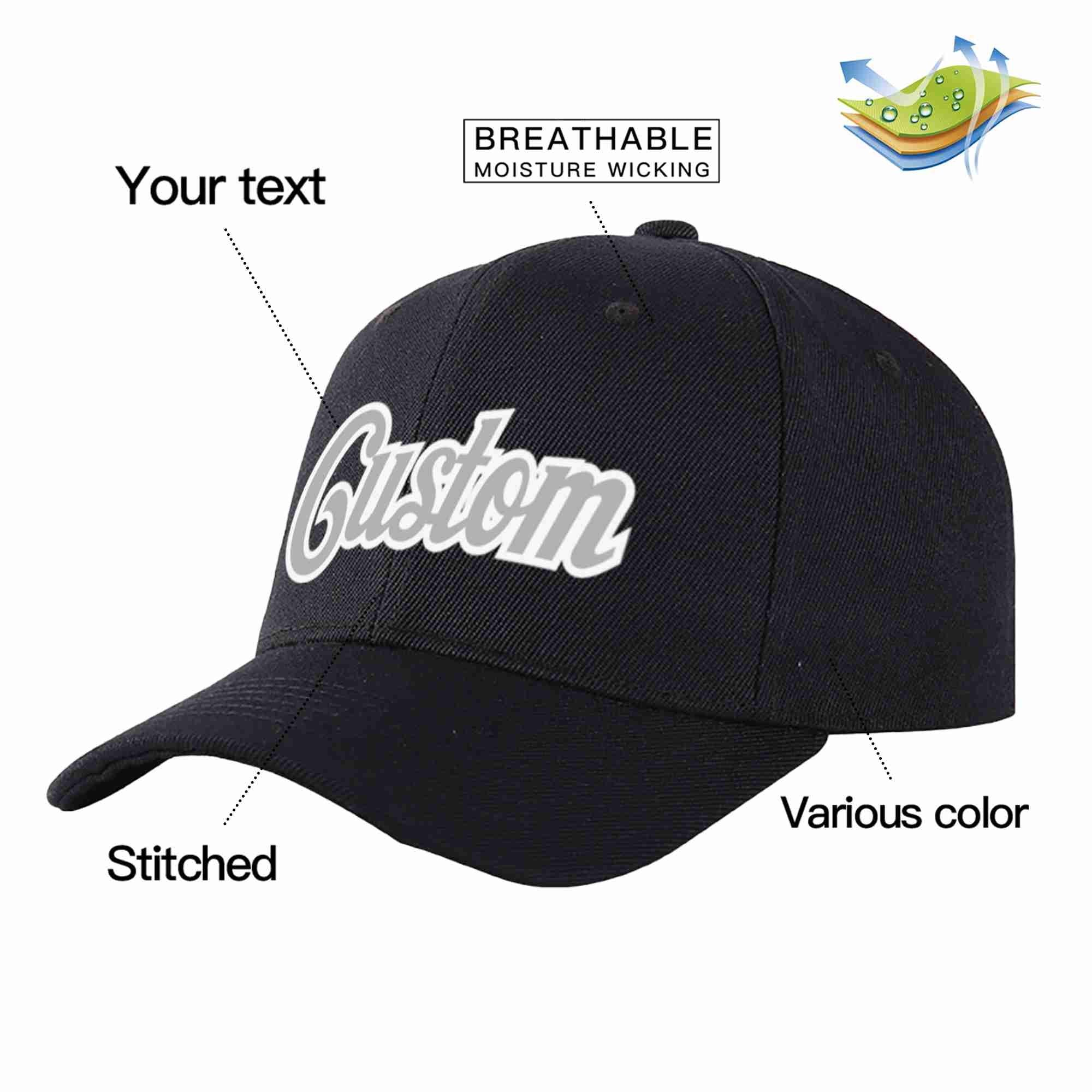 Custom Black Gray-White Curved Eaves Sport Baseball Cap Design for Men/Women/Youth