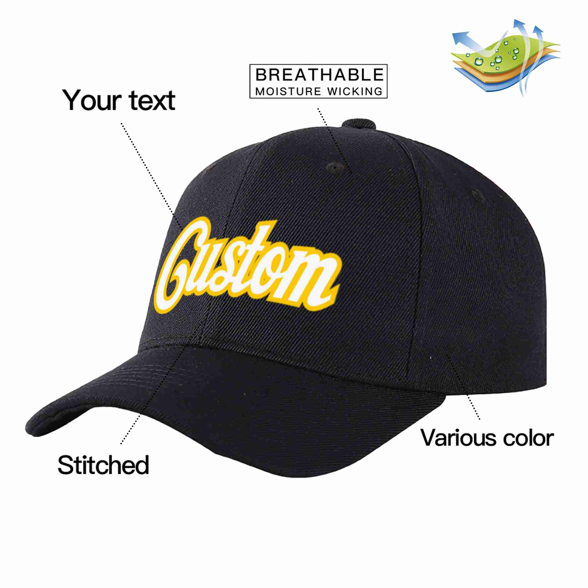 Conception personnalisée de casquette de baseball de sport incurvée noir blanc-or pour hommes/femmes/jeunes