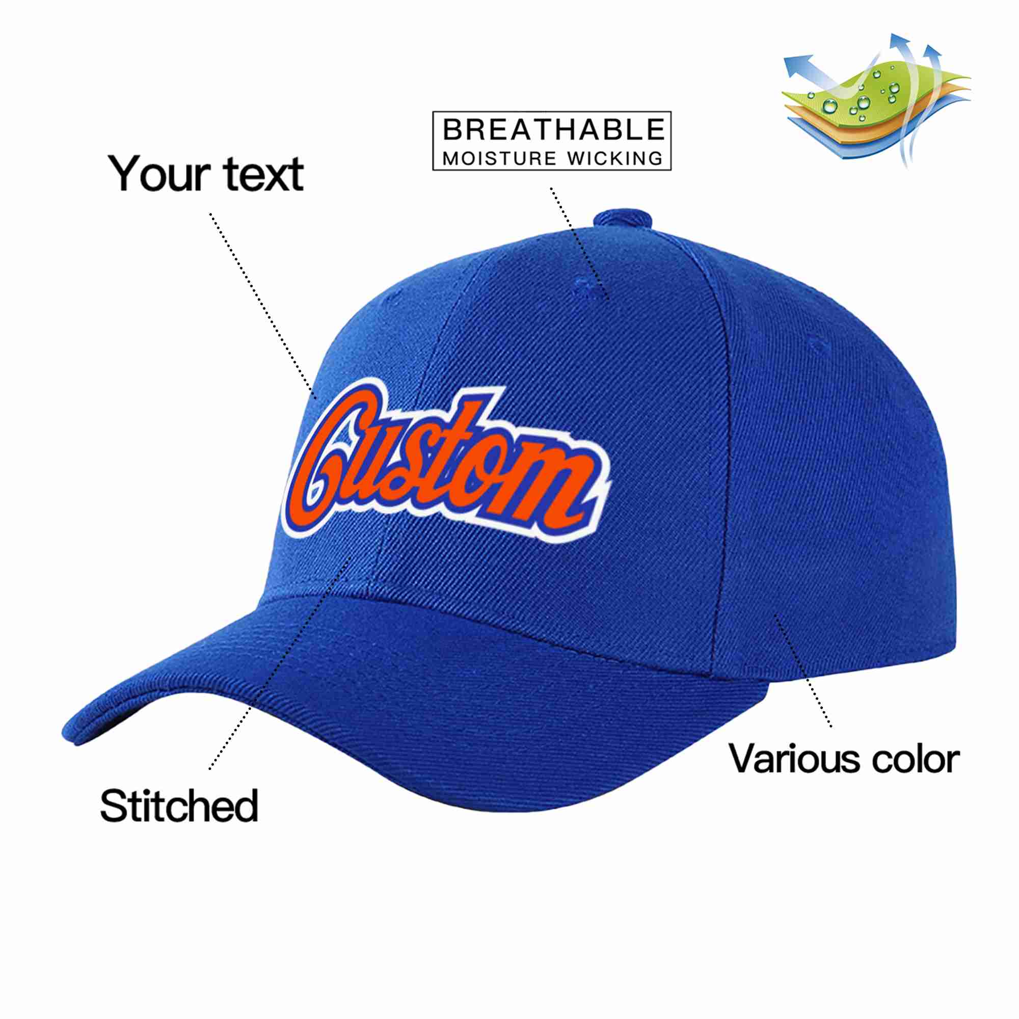 Custom Royal Orange-Royal Curved Eaves Sport Baseball Cap Design for Men/Women/Youth