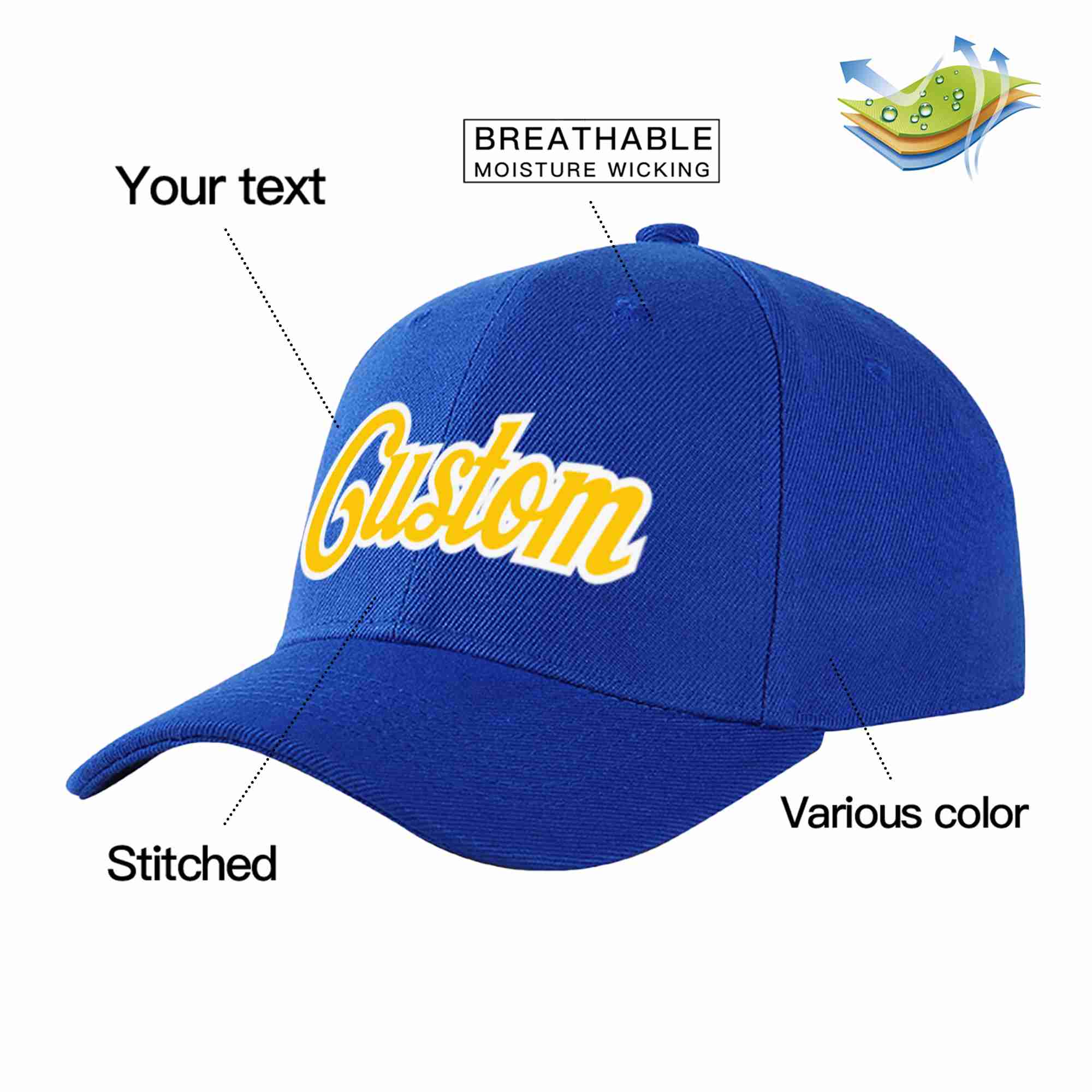 Conception personnalisée de casquette de baseball de sport incurvée jaune-blanc royal pour hommes/femmes/jeunes