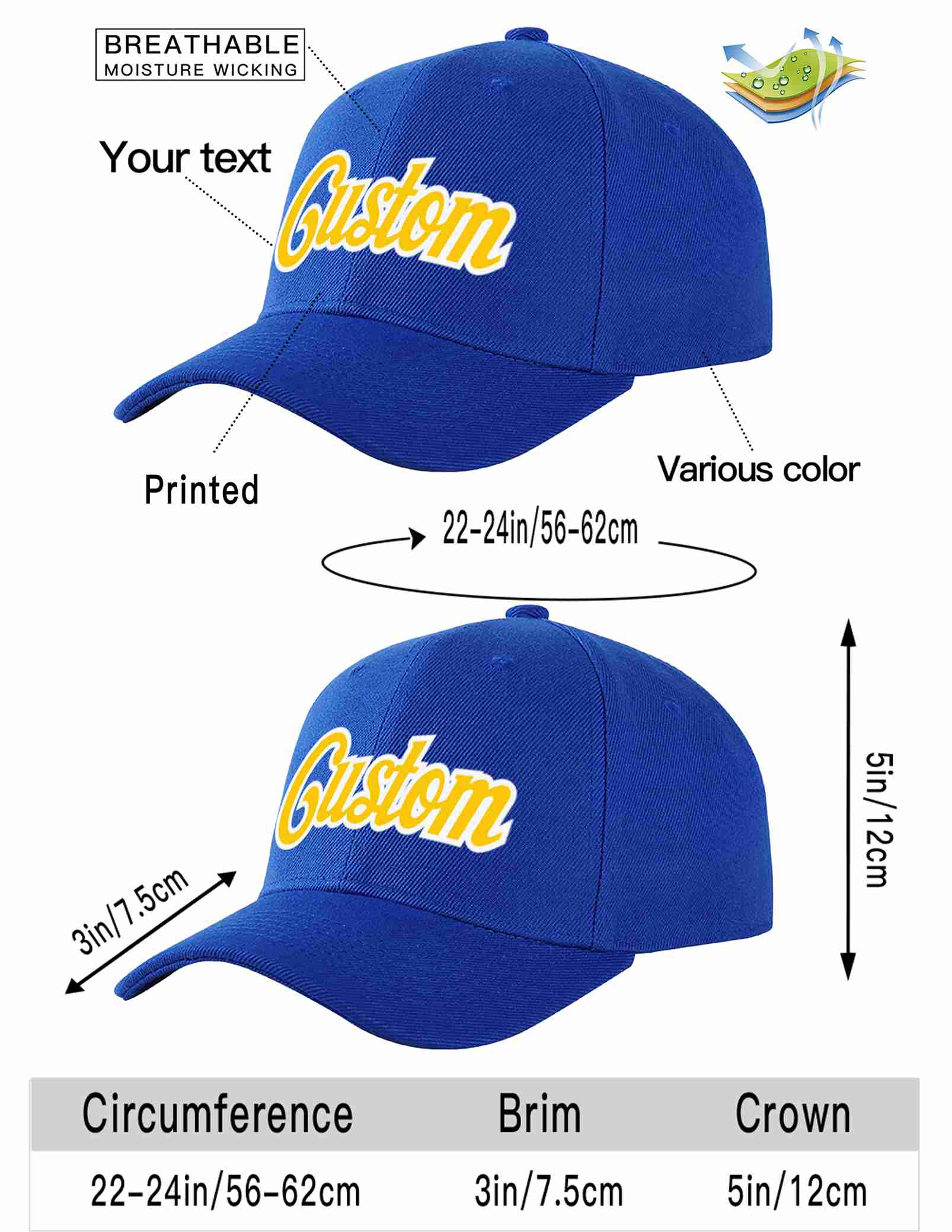 Custom Royal Yellow-White Curved Eaves Sport Baseball Cap Design for Men/Women/Youth