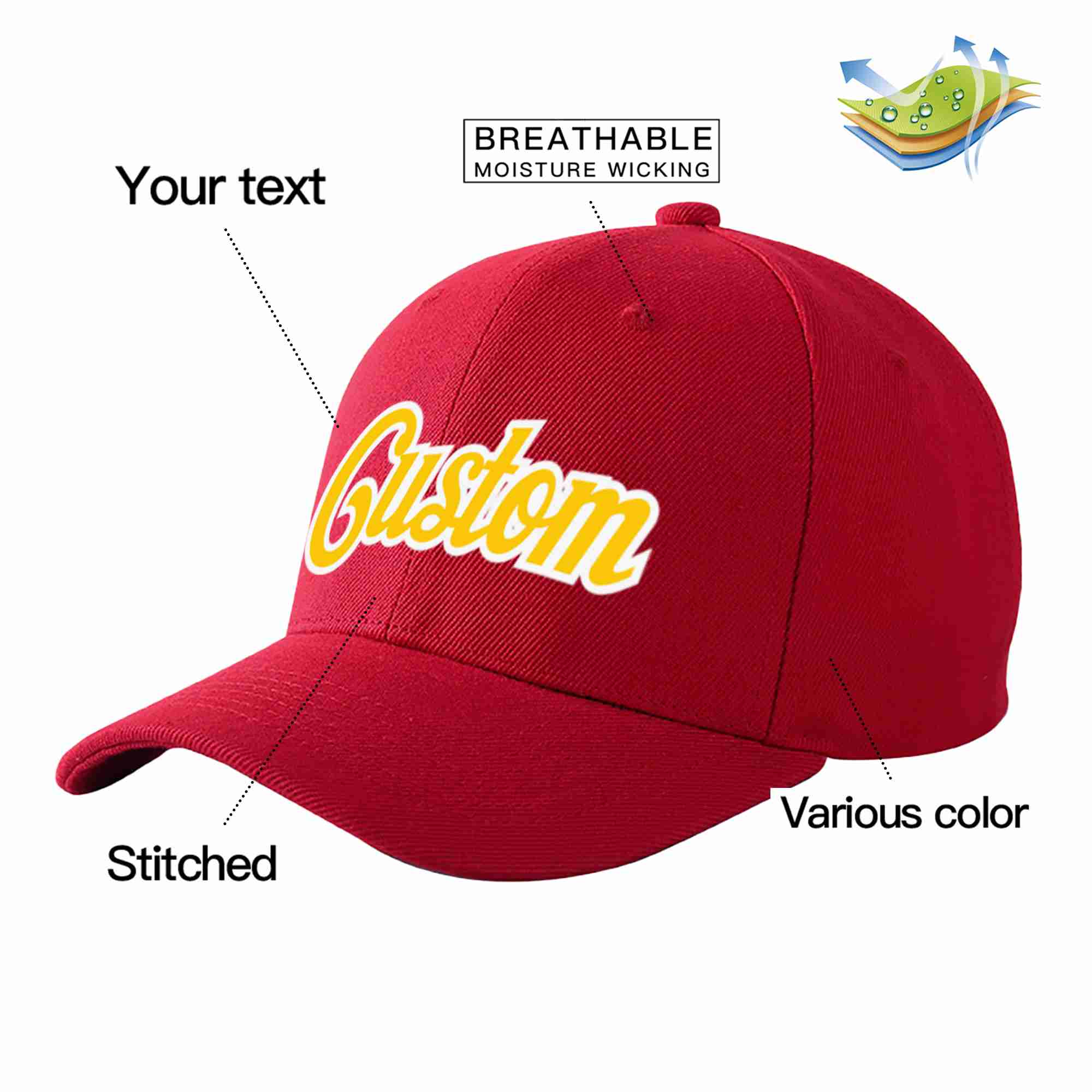 Conception personnalisée de casquette de baseball de sport courbée rouge or-blanc pour hommes/femmes/jeunes