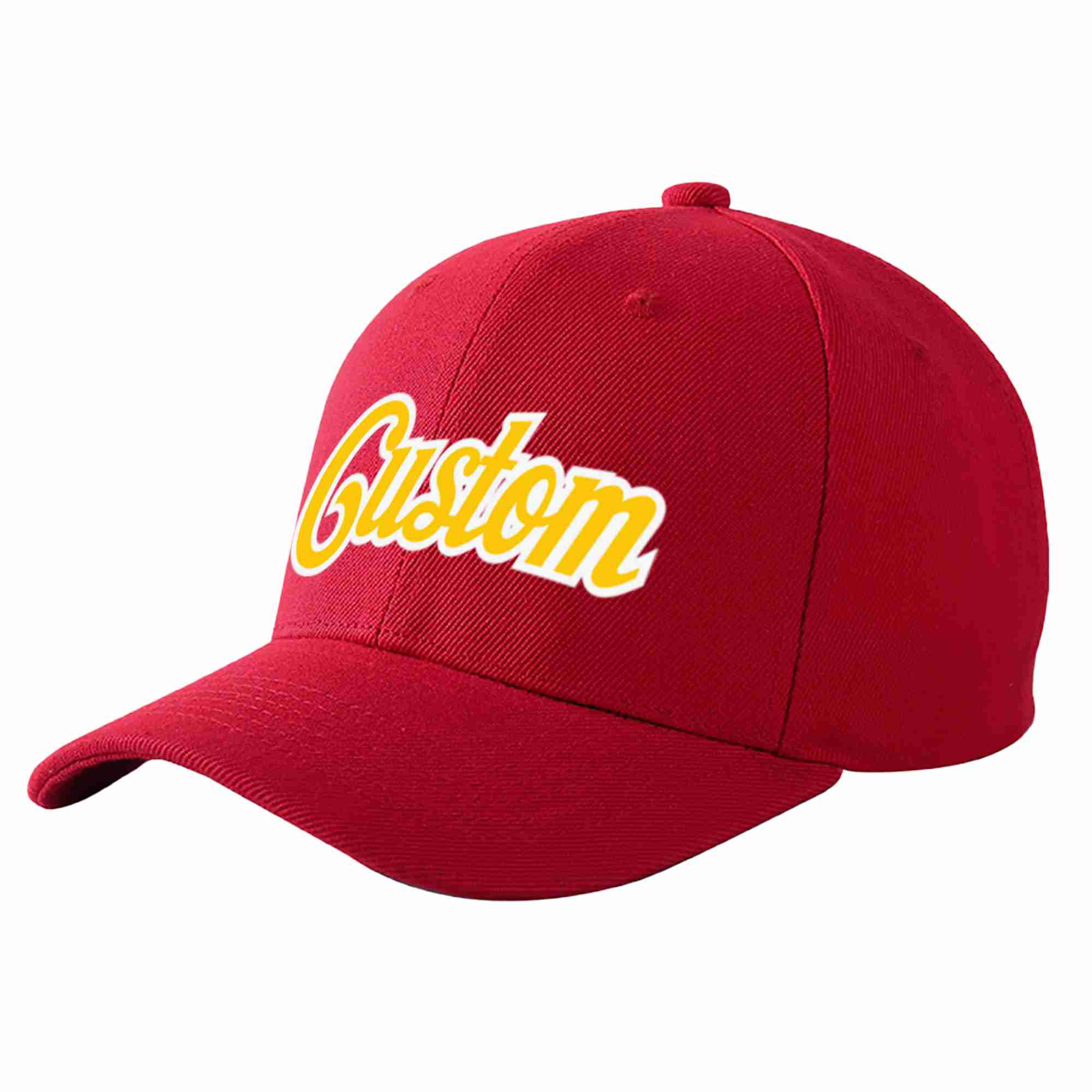 Conception personnalisée de casquette de baseball de sport courbée rouge or-blanc pour hommes/femmes/jeunes