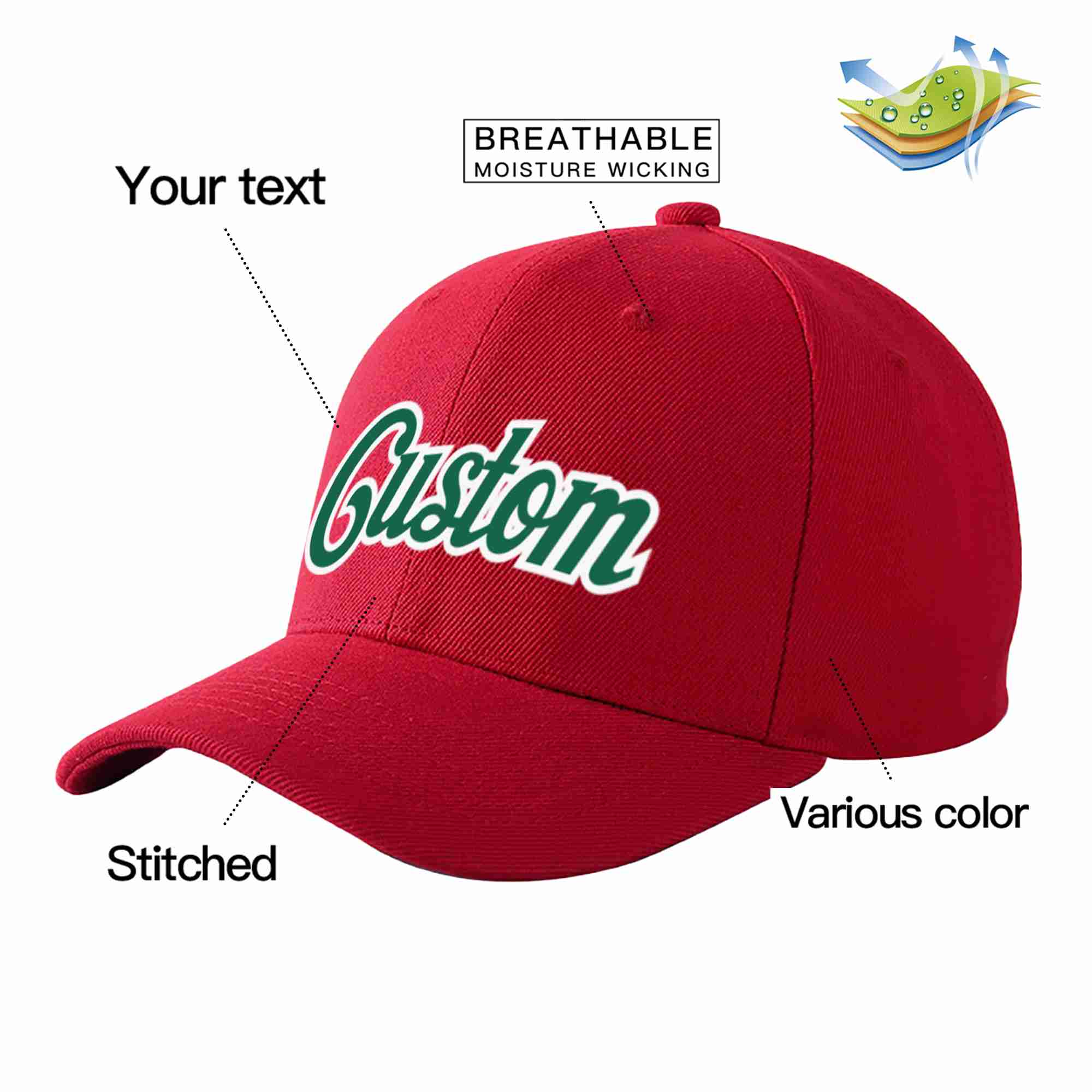 Custom Red Kelly Green-White Curved Eaves Sport Baseball Cap Design for Men/Women/Youth