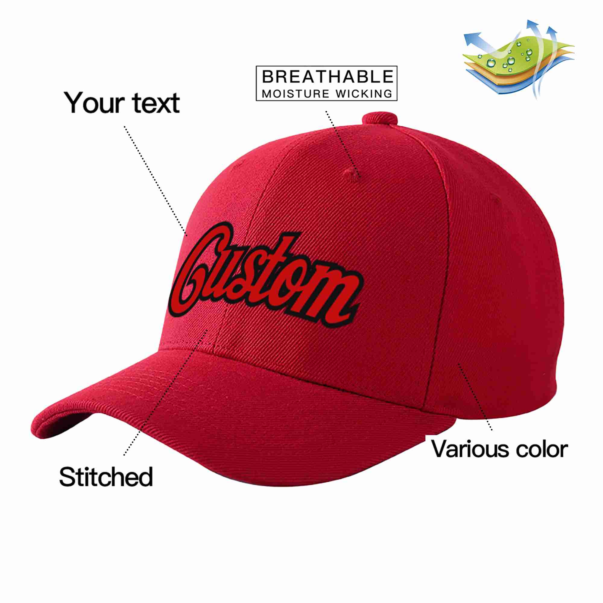 Conception personnalisée de casquette de baseball de sport incurvée rouge-noir rouge pour hommes/femmes/jeunes