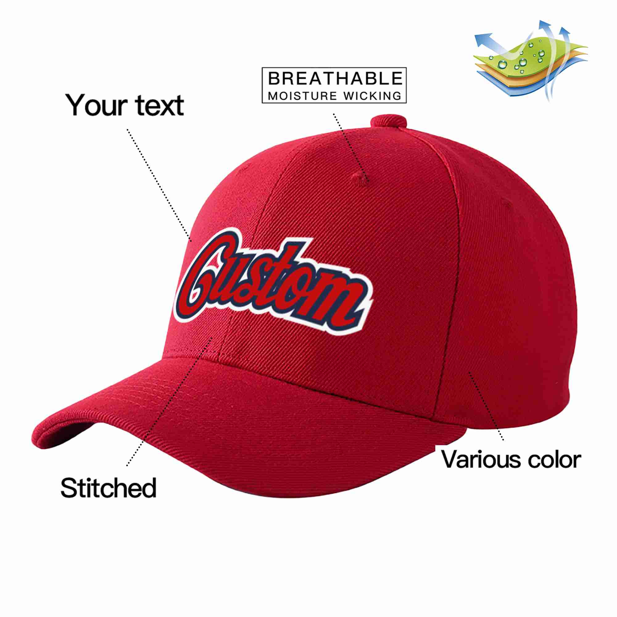 Custom Red Red-Navy Curved Eaves Sport Baseball Cap Design for Men/Women/Youth