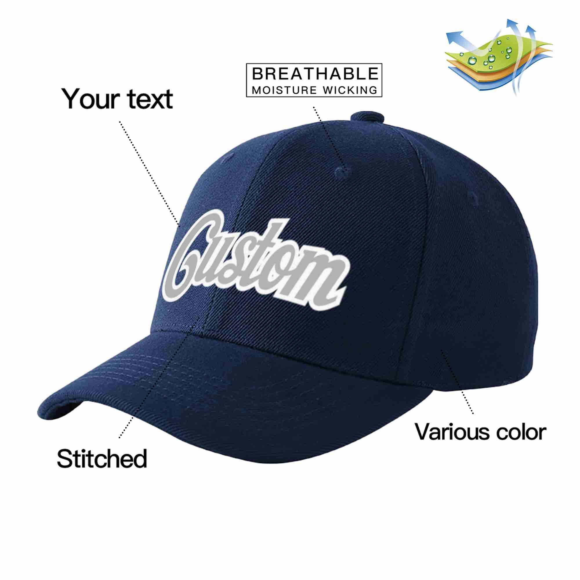 Custom Navy Gray-White Curved Eaves Sport Baseball Cap Design for Men/Women/Youth