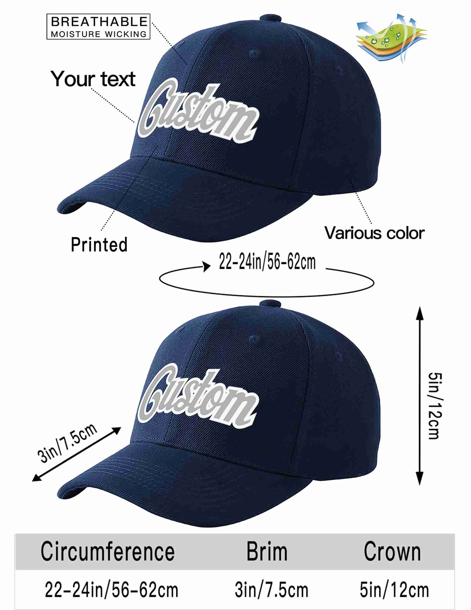 Custom Navy Gray-White Curved Eaves Sport Baseball Cap Design for Men/Women/Youth