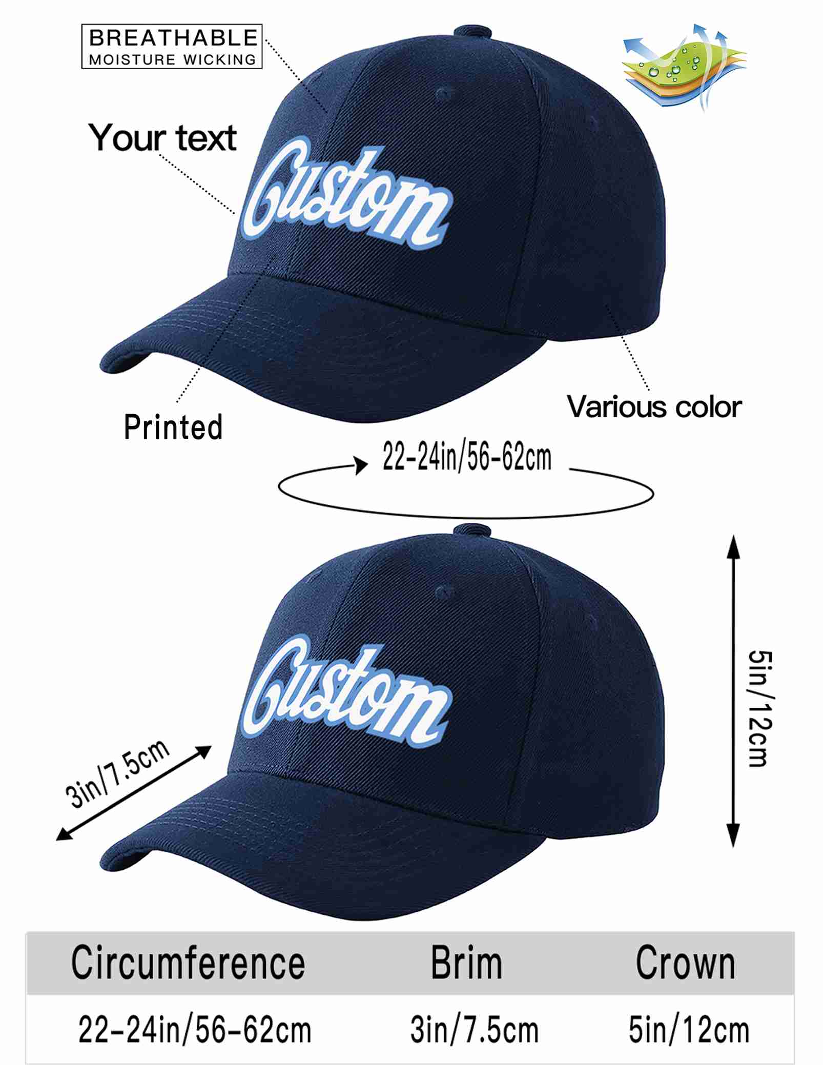 Custom Navy White-Light Blue Curved Eaves Sport Baseball Cap Design for Men/Women/Youth