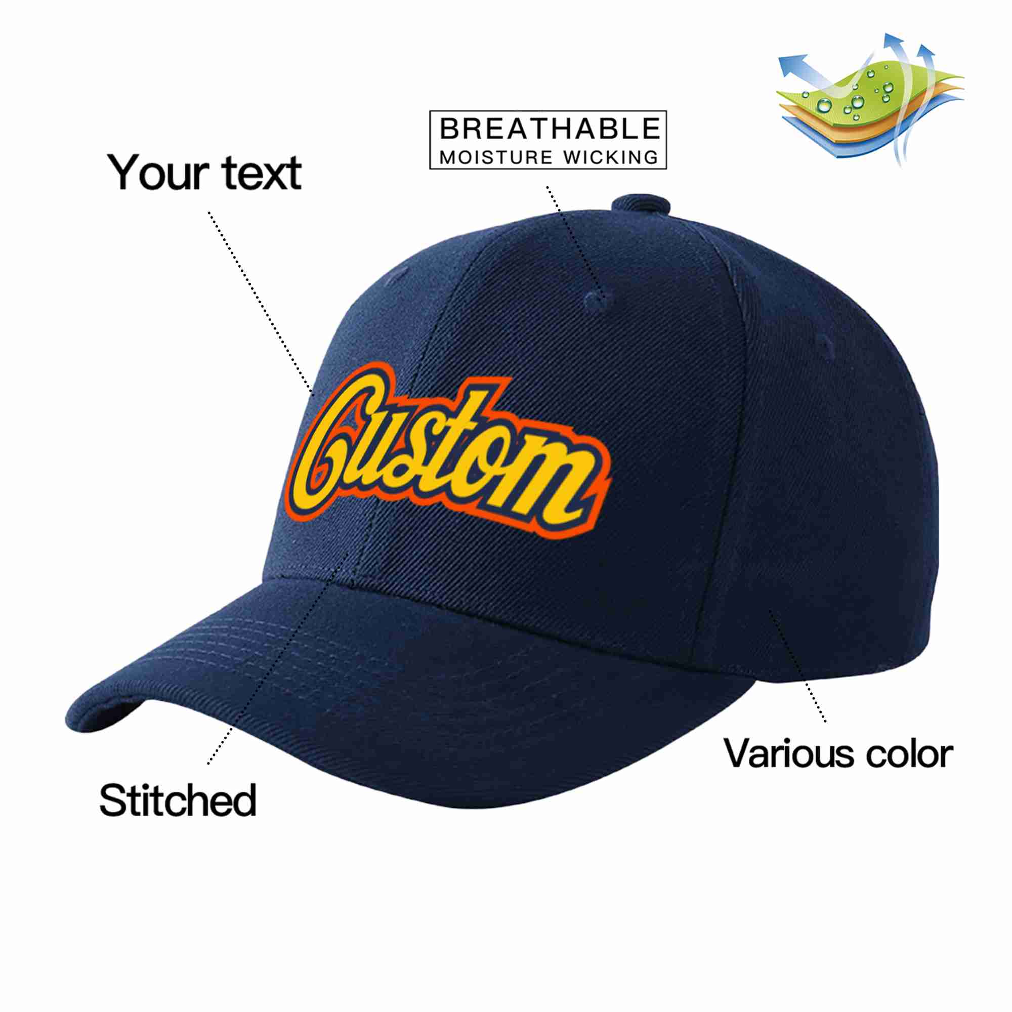 Custom Navy Gold-Navy Curved Eaves Sport Baseball Cap Design for Men/Women/Youth