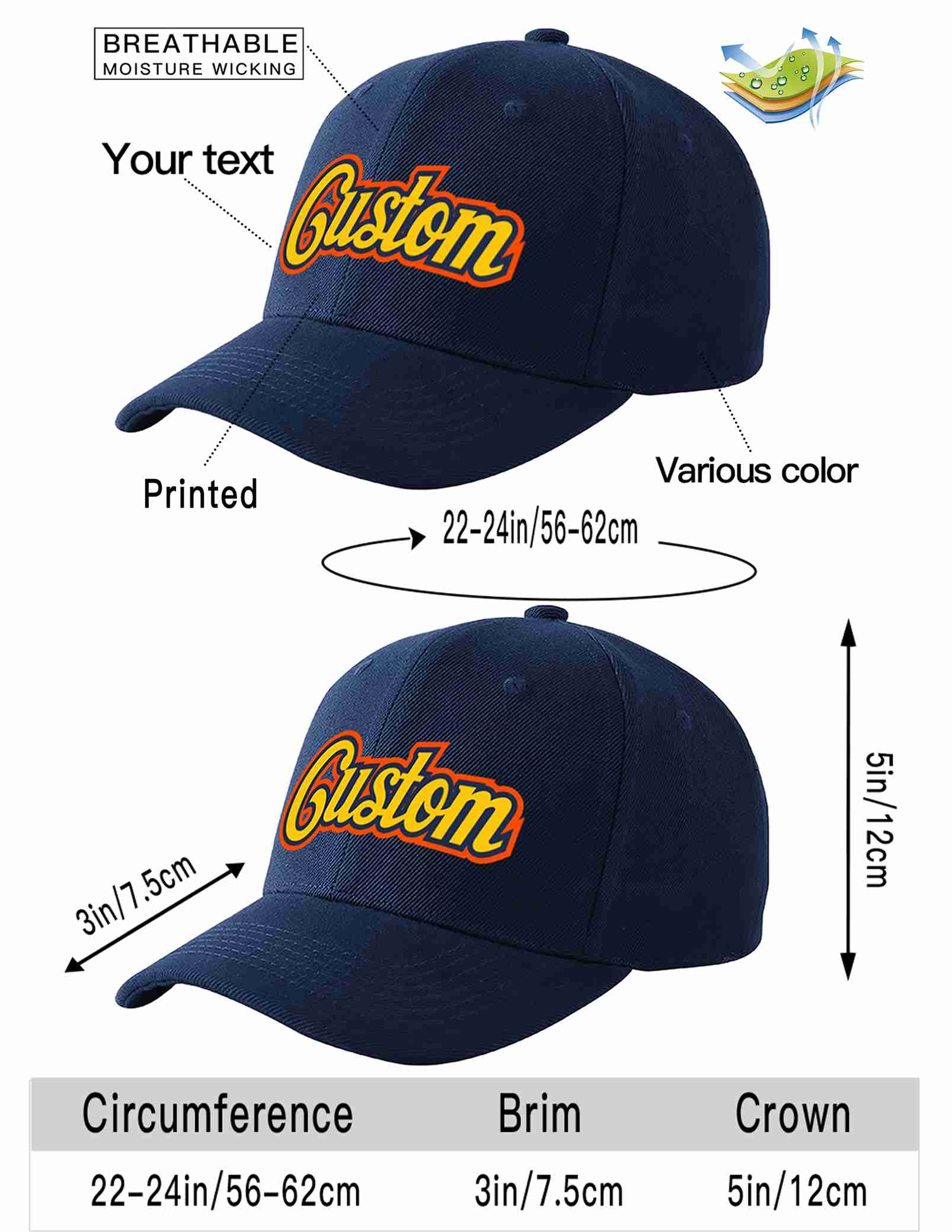 Custom Navy Gold-Navy Curved Eaves Sport Baseball Cap Design for Men/Women/Youth