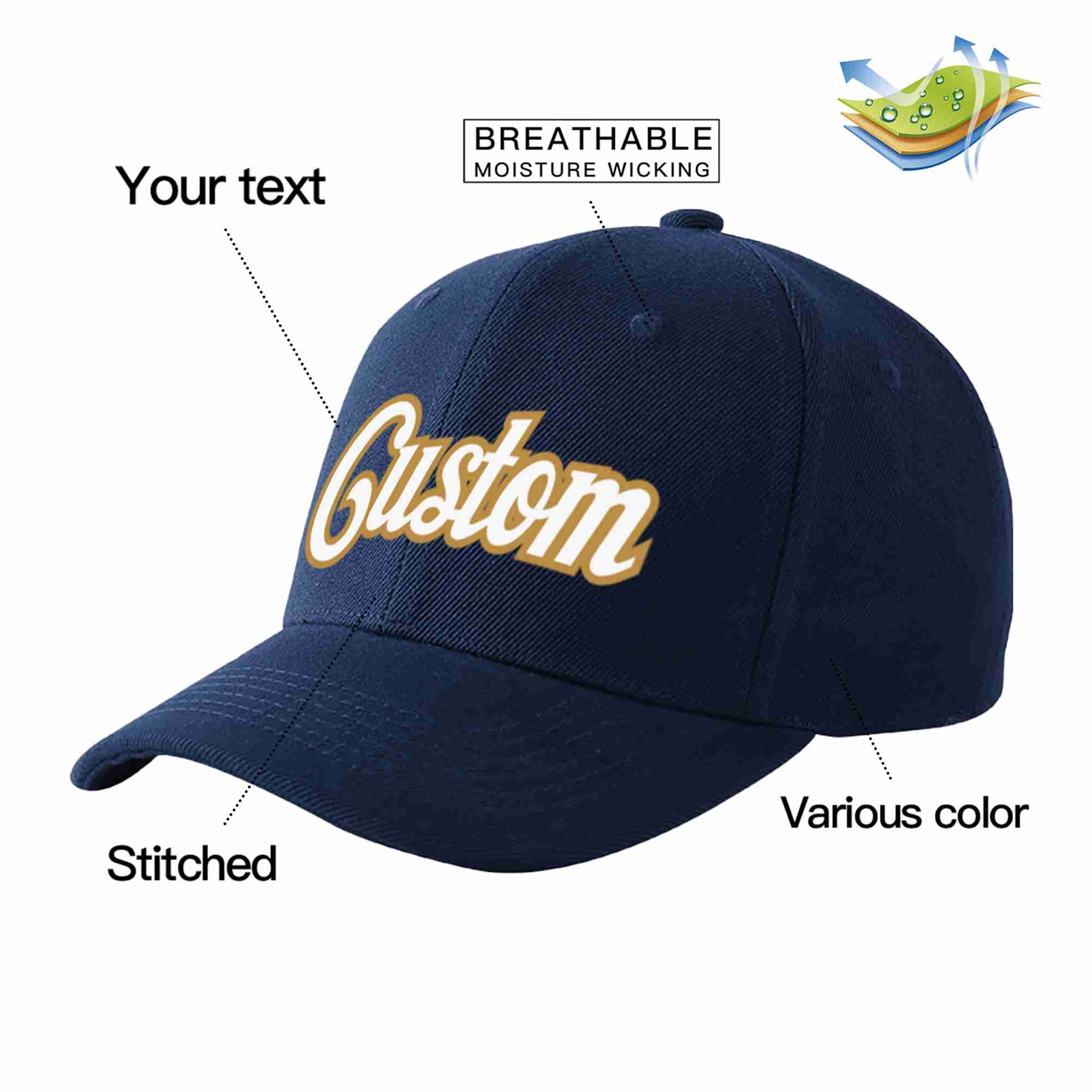 Custom Navy White-Old Gold Curved Eaves Sport Baseball Cap Design for Men/Women/Youth