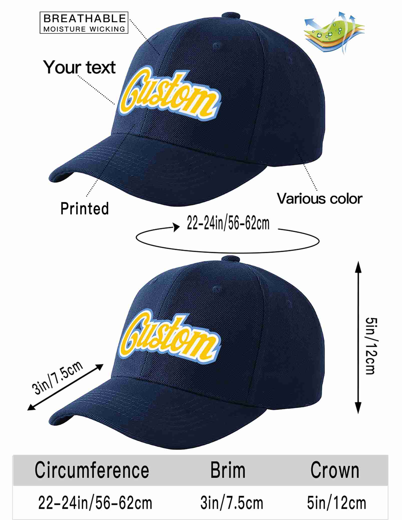 Custom Navy Gold-White Curved Eaves Sport Baseball Cap Design for Men/Women/Youth