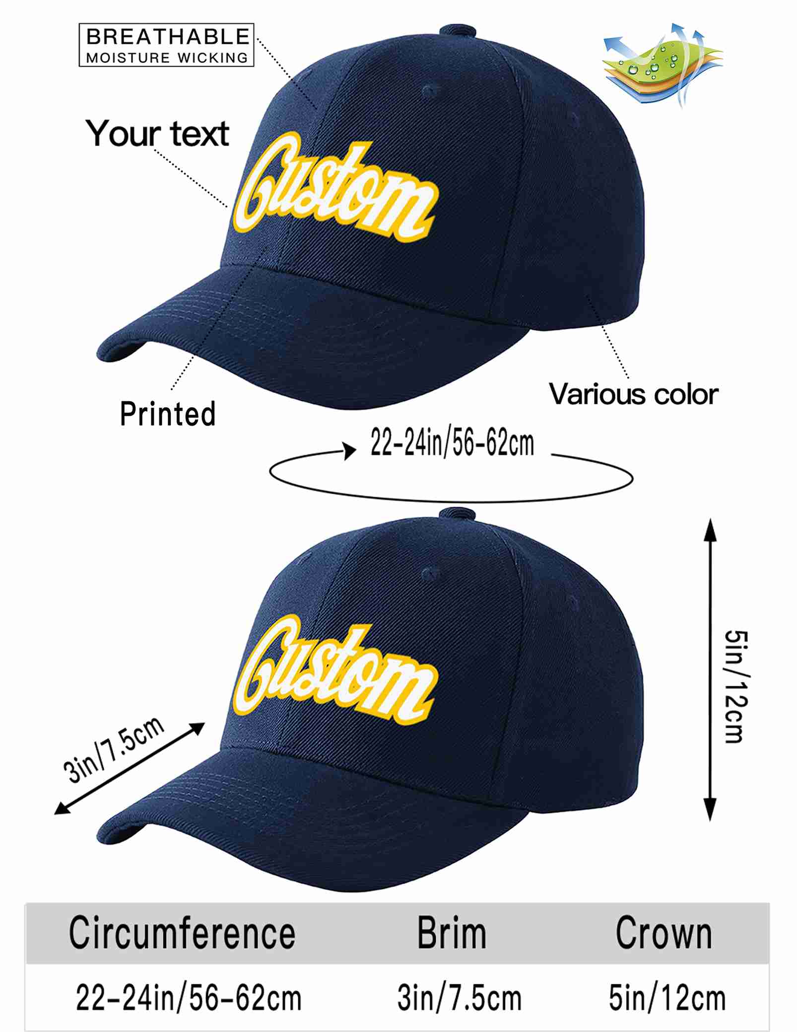 Custom Navy White-Gold Curved Eaves Sport Baseball Cap Design for Men/Women/Youth