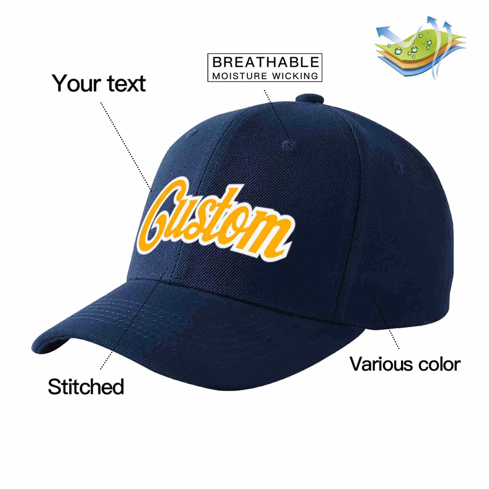 Custom Navy Yellow-White Curved Eaves Sport Baseball Cap Design for Men/Women/Youth