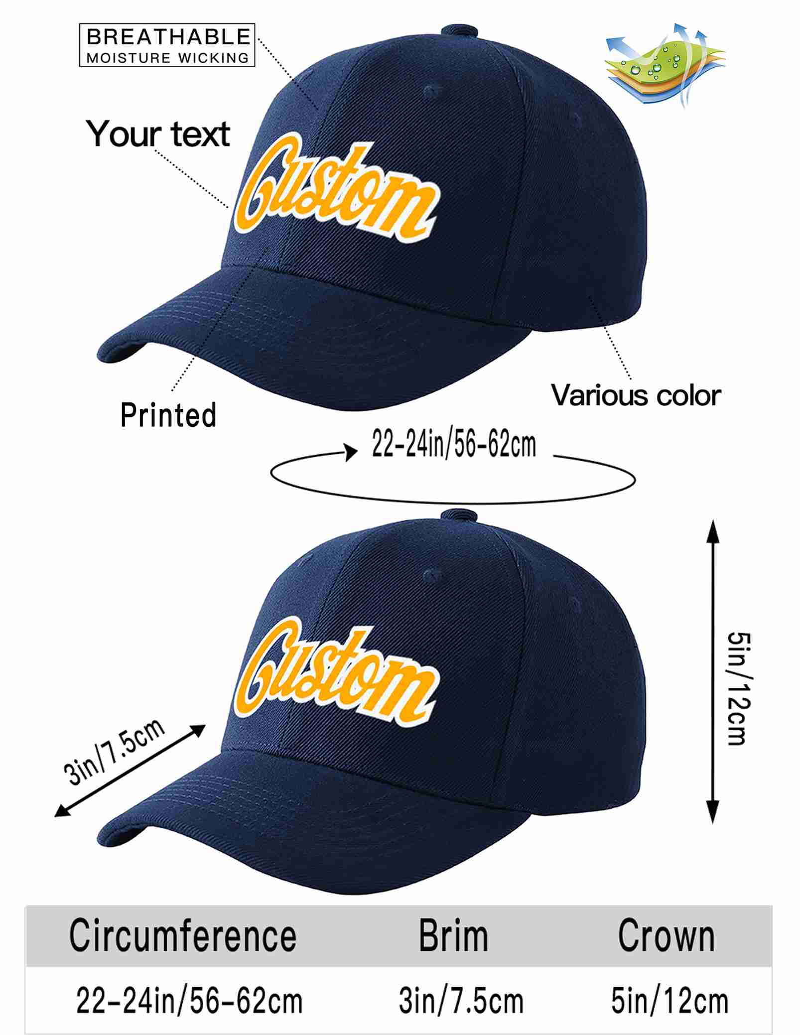 Custom Navy Yellow-White Curved Eaves Sport Baseball Cap Design for Men/Women/Youth