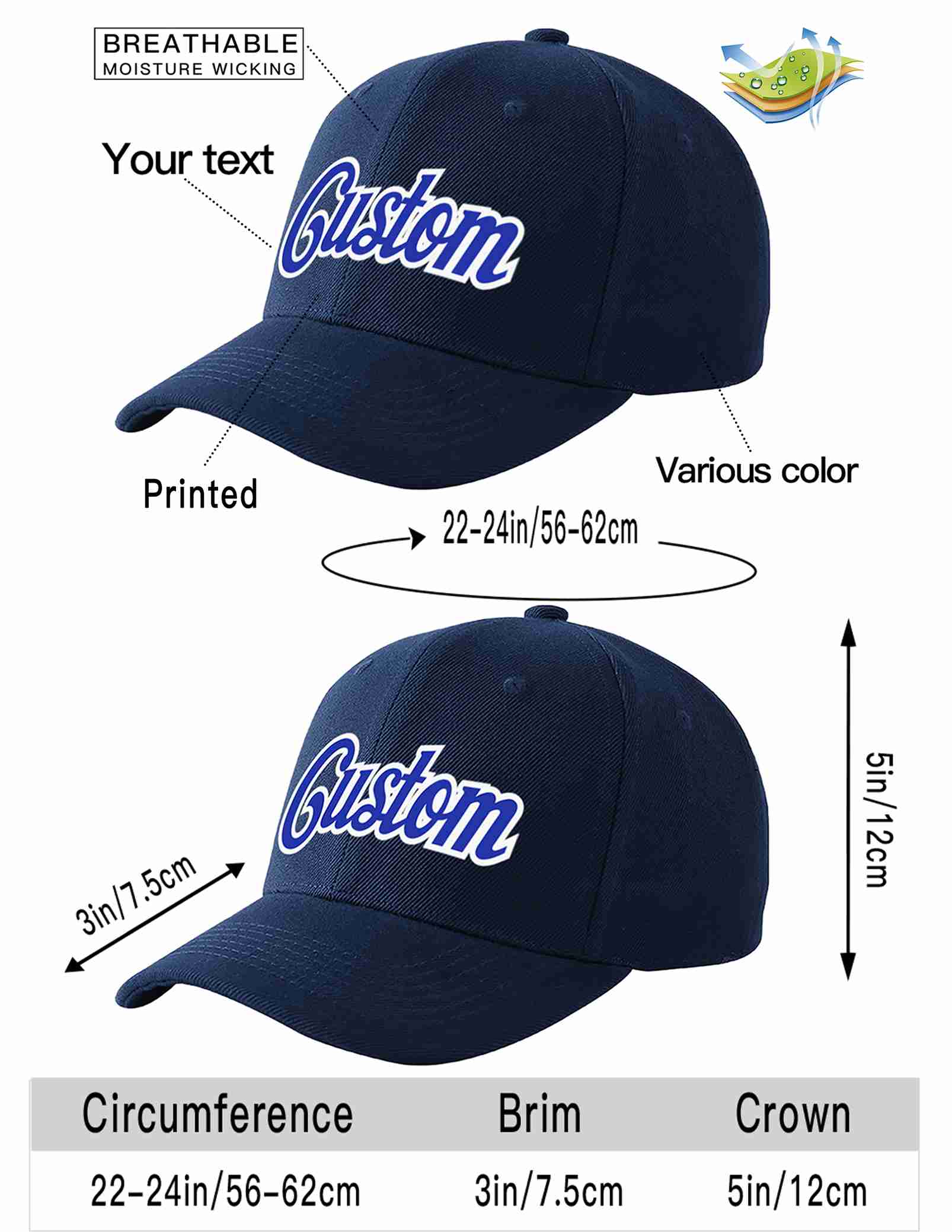 Custom Navy Royal-White Curved Eaves Sport Baseball Cap Design for Men/Women/Youth