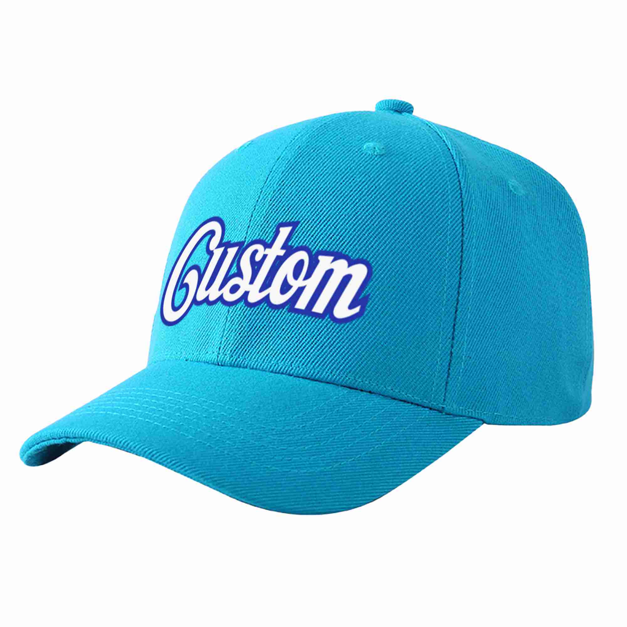 Casquette de baseball personnalisée Aqua White-Royal Curved Eaves Sport pour hommes/femmes/jeunes