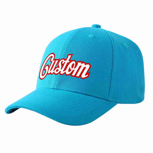 Custom Aqua White-Red Curved Eaves Sport Baseball Cap Design for Men/Women/Youth