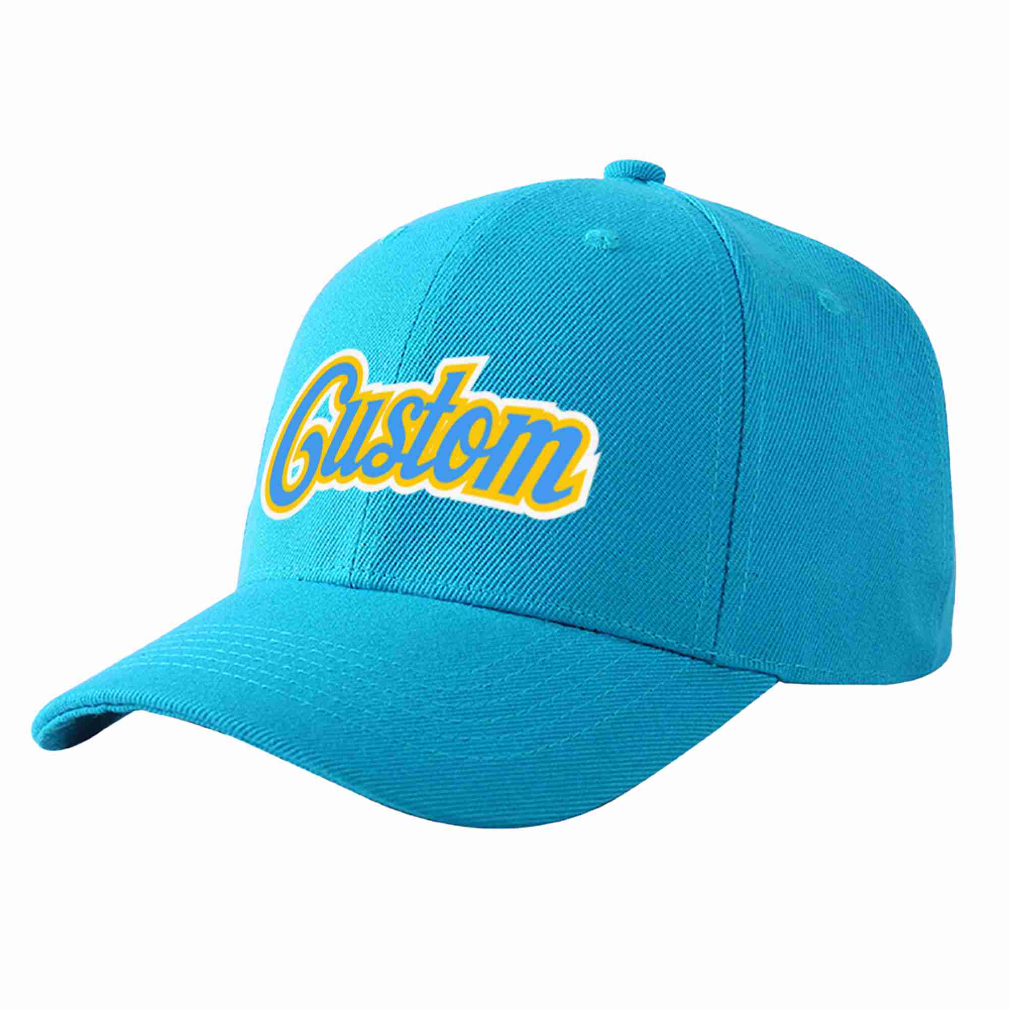 Custom Aqua Powder Blue-Gold Curved Eaves Sport Baseball Cap Design for Men/Women/Youth