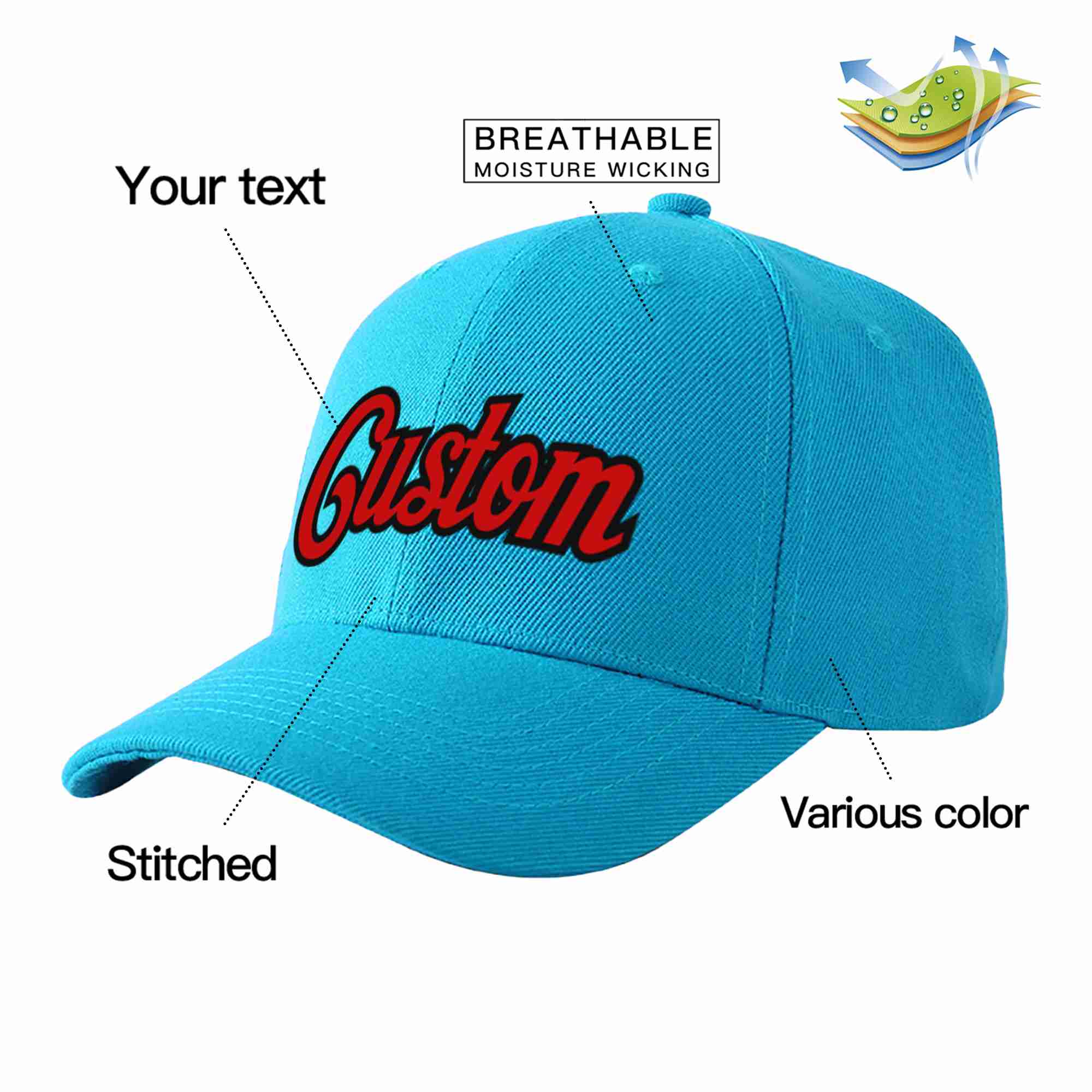 Conception personnalisée de casquette de baseball de sport incurvée rouge-noir Aqua pour hommes/femmes/jeunes