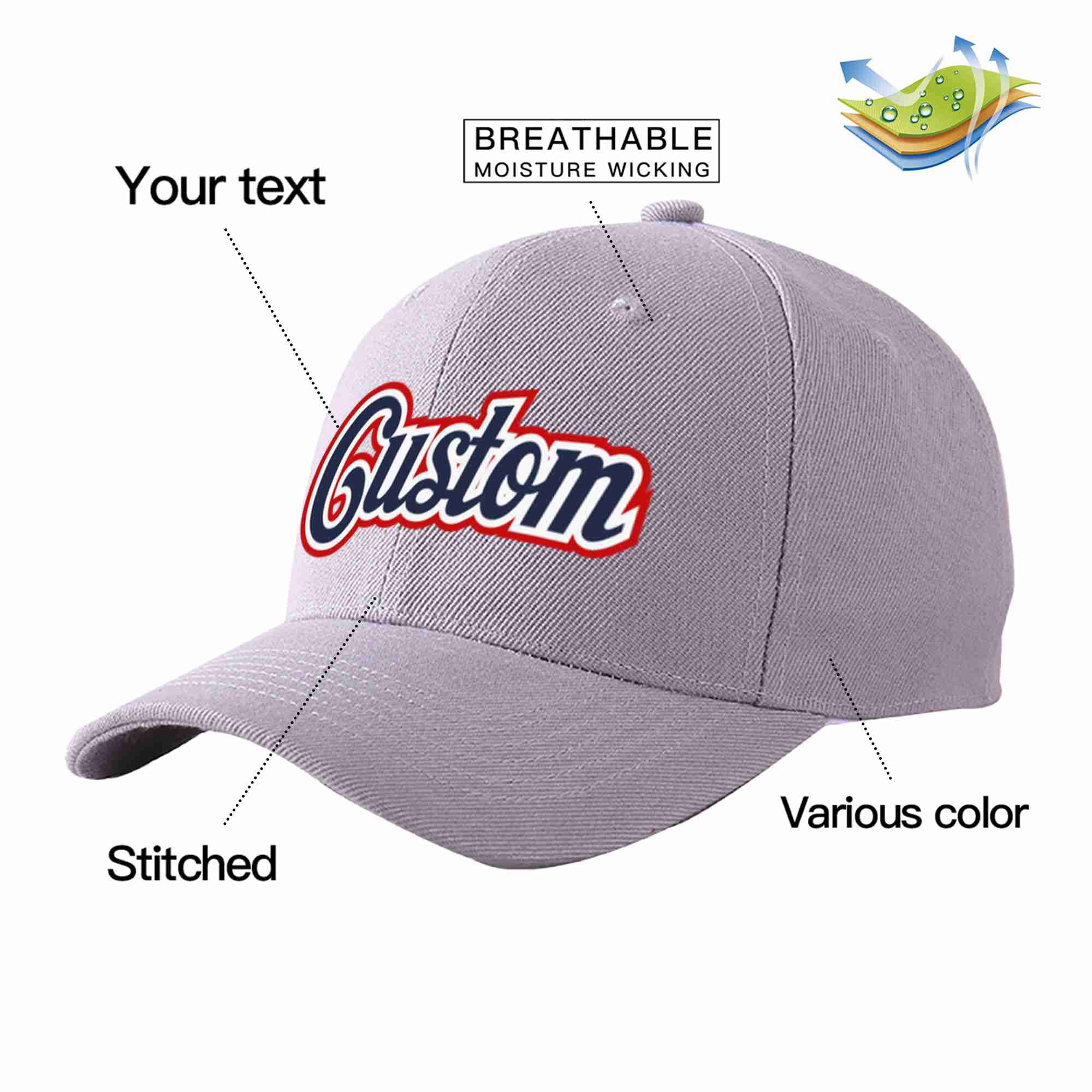 Conception personnalisée de casquette de baseball de sport incurvée gris marine-blanc pour hommes/femmes/jeunes