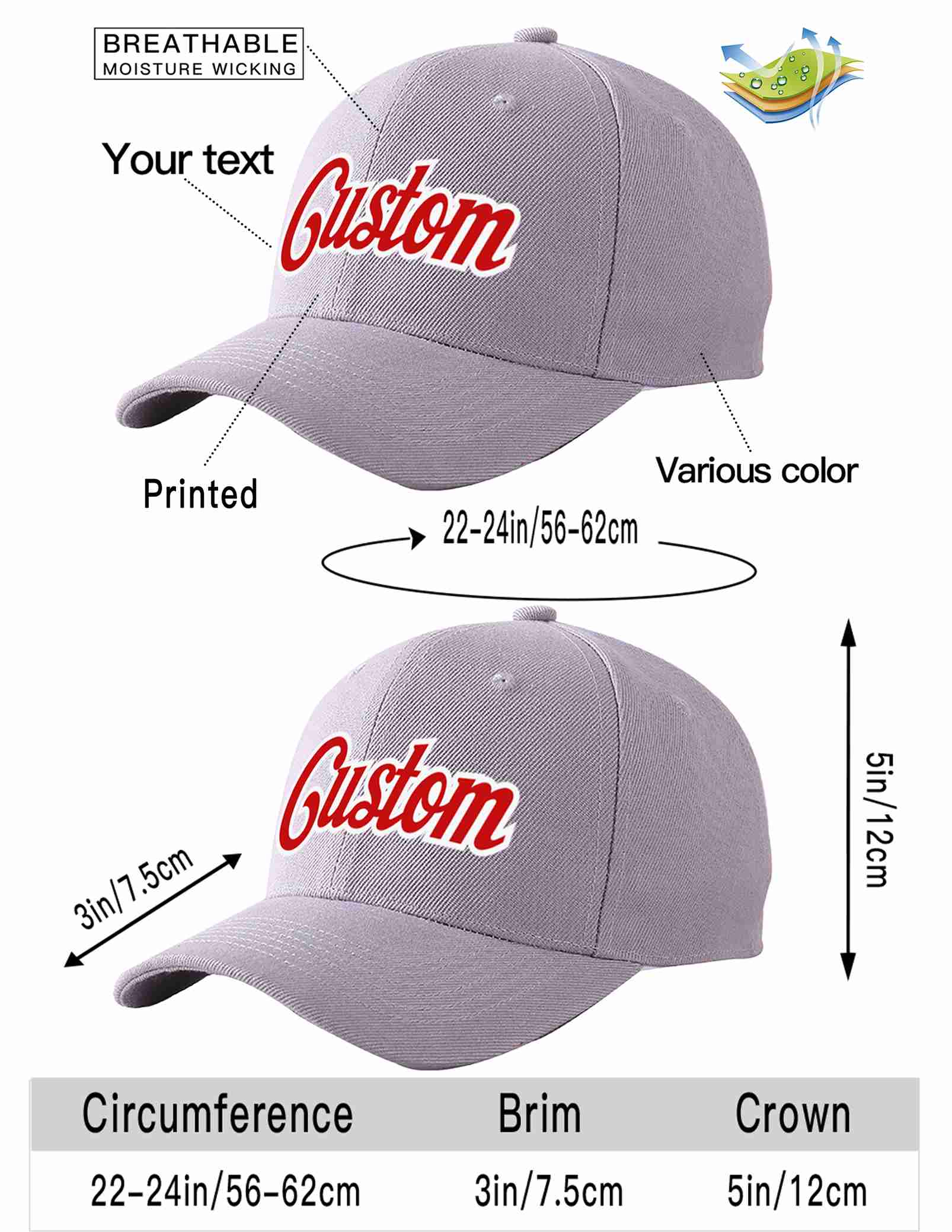 Custom Gray Red-White Curved Eaves Sport Baseball Cap Design for Men/Women/Youth