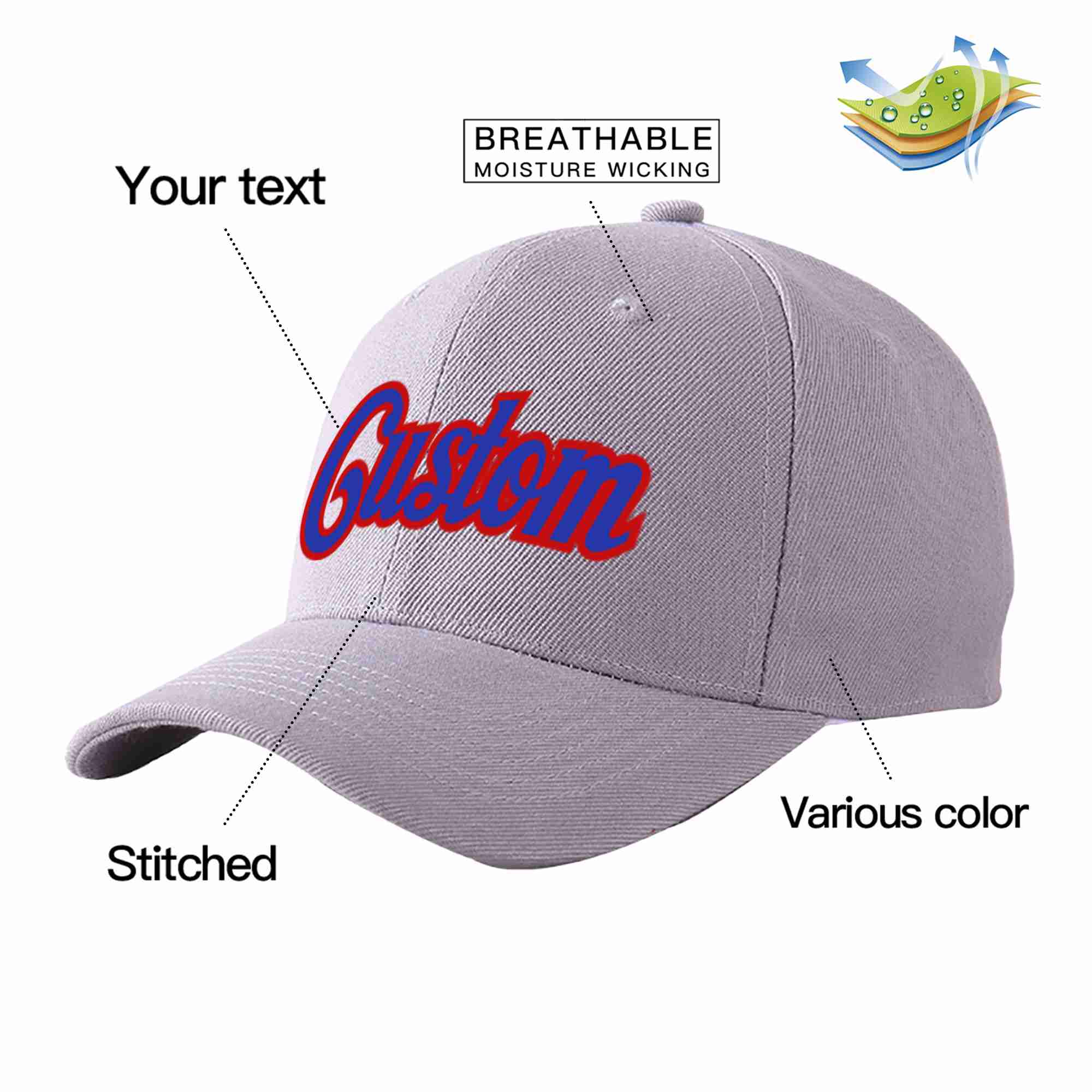 Conception personnalisée de casquette de baseball de sport incurvée gris royal-rouge pour hommes/femmes/jeunes