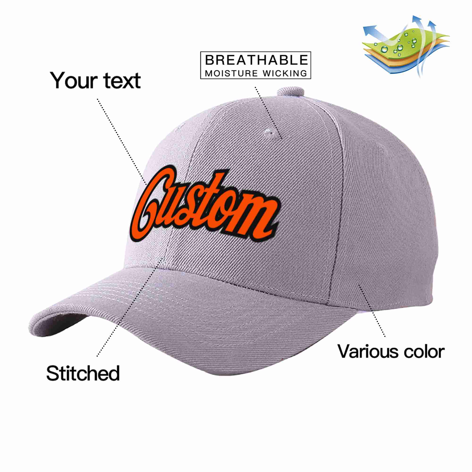 Conception personnalisée de casquette de baseball de sport incurvée gris orange-noir pour hommes/femmes/jeunes