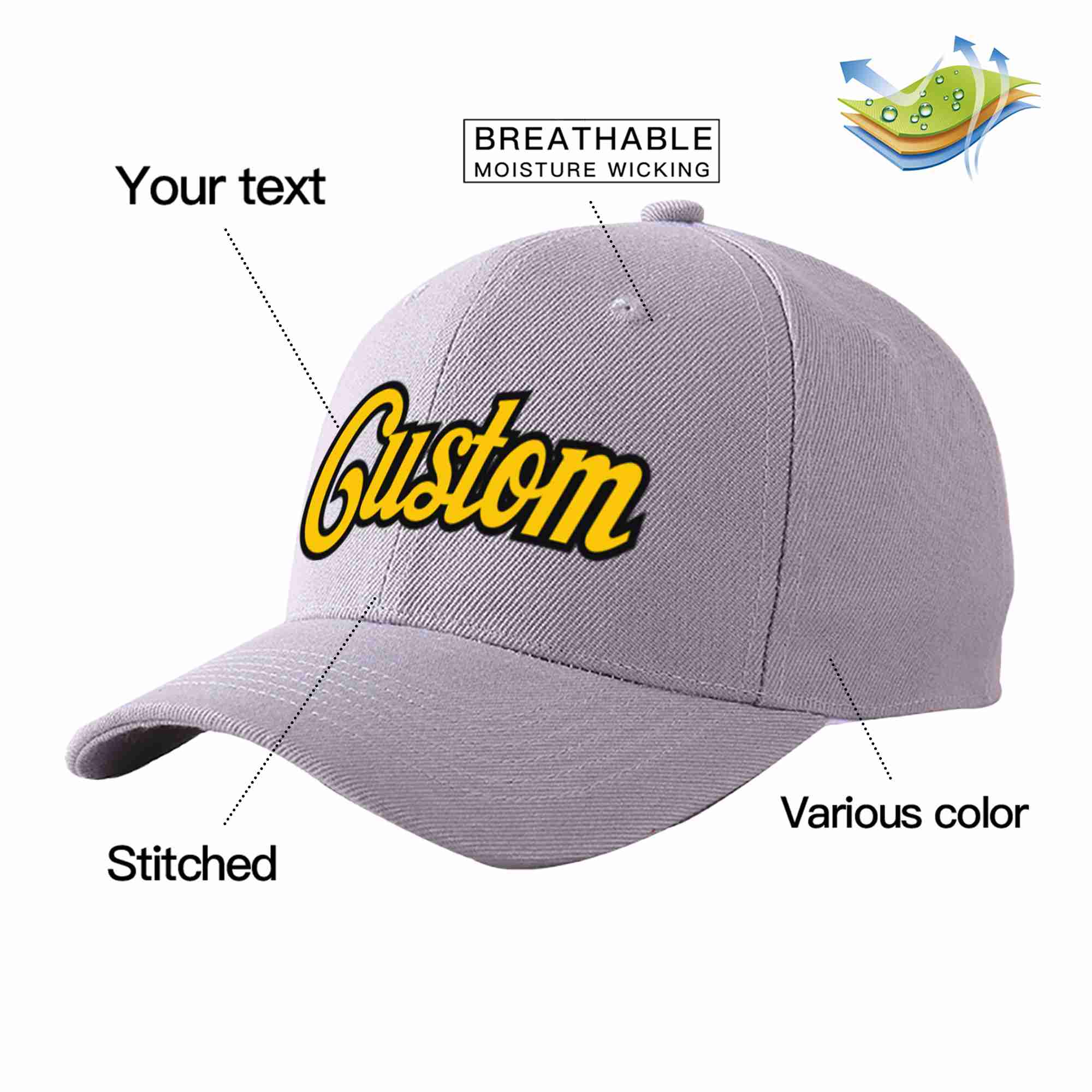 Custom Gray Gold-Black Curved Eaves Sport Baseball Cap Design for Men/Women/Youth