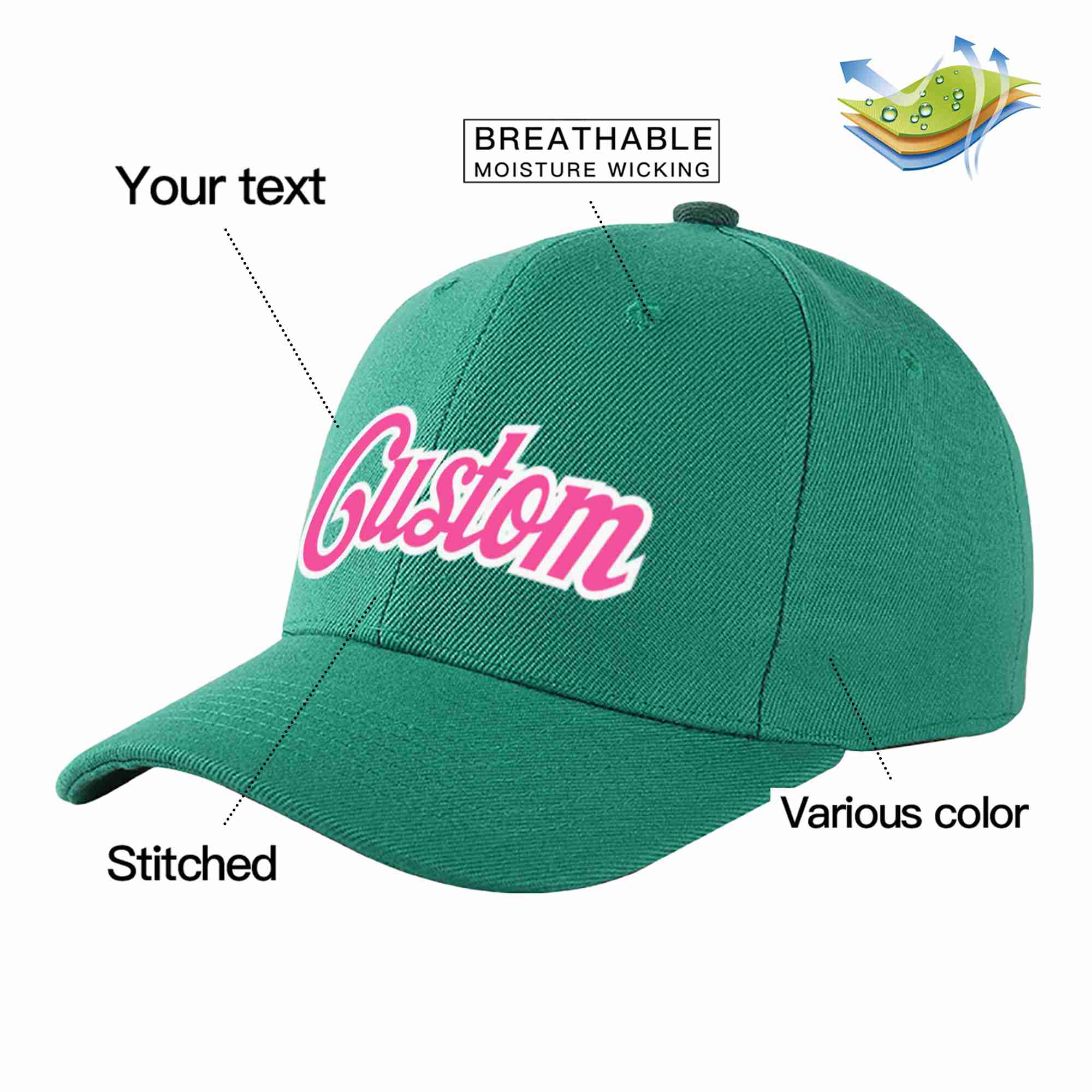 Conception personnalisée de casquette de baseball de sport incurvée vert clair rose-blanc pour hommes/femmes/jeunes