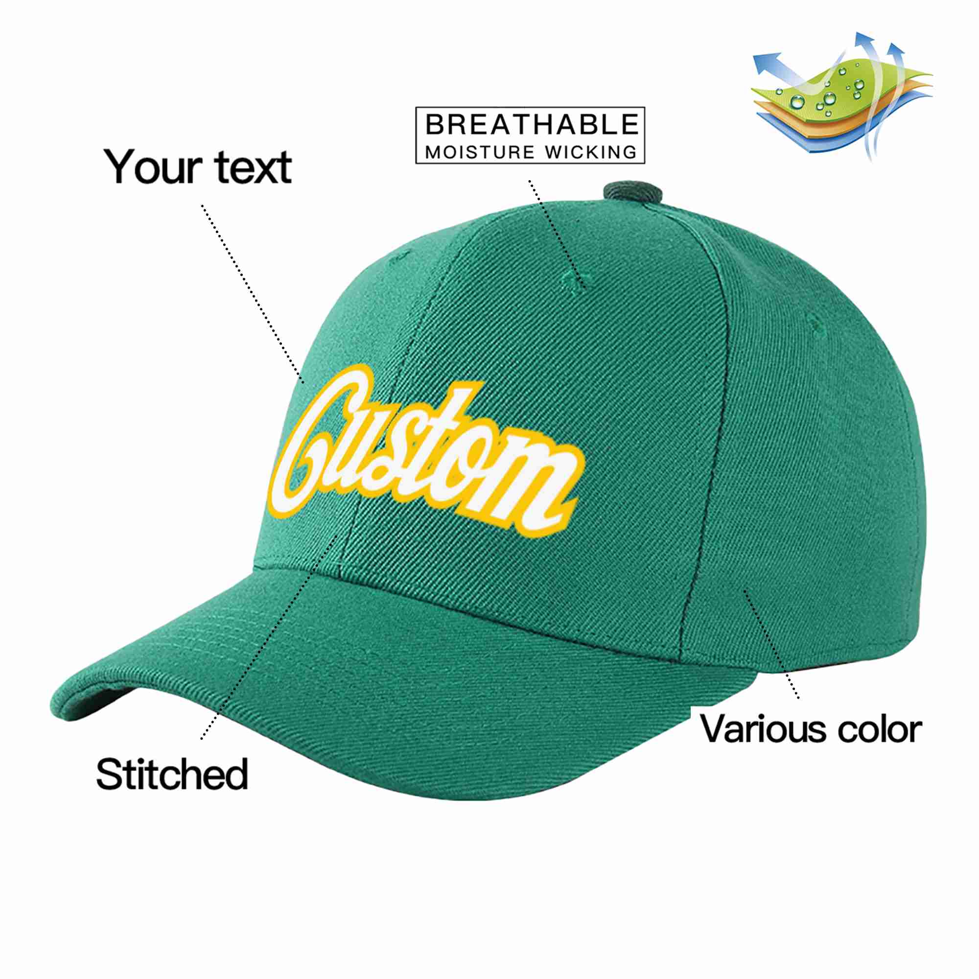 Custom Light Green White-Gold Curved Eaves Sport Baseball Cap Design for Men/Women/Youth