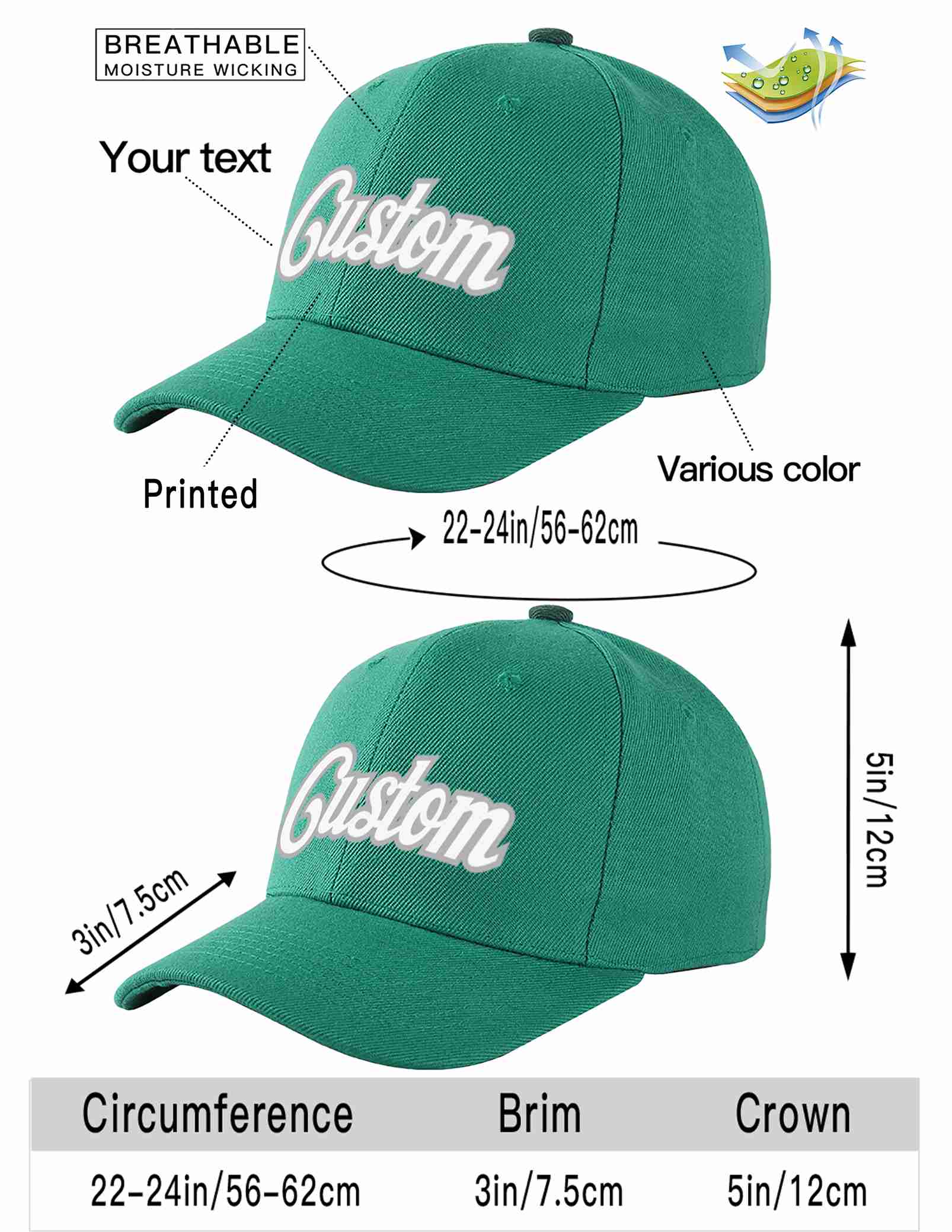 Custom Light Green White-Gray Curved Eaves Sport Baseball Cap Design for Men/Women/Youth