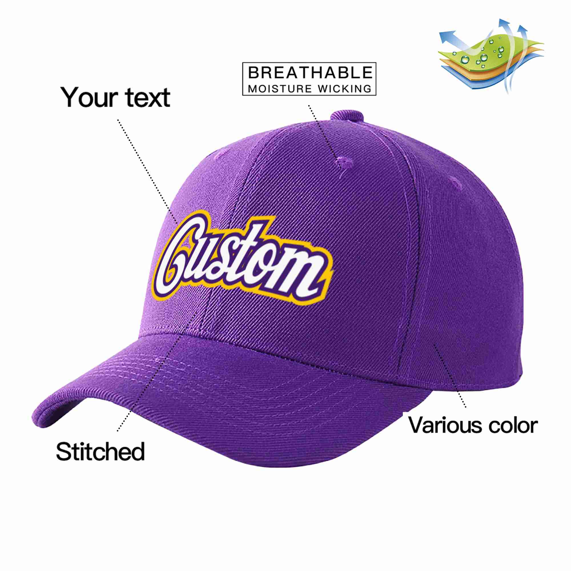 Conception personnalisée de casquette de baseball de sport incurvée violet blanc-violet pour hommes/femmes/jeunes